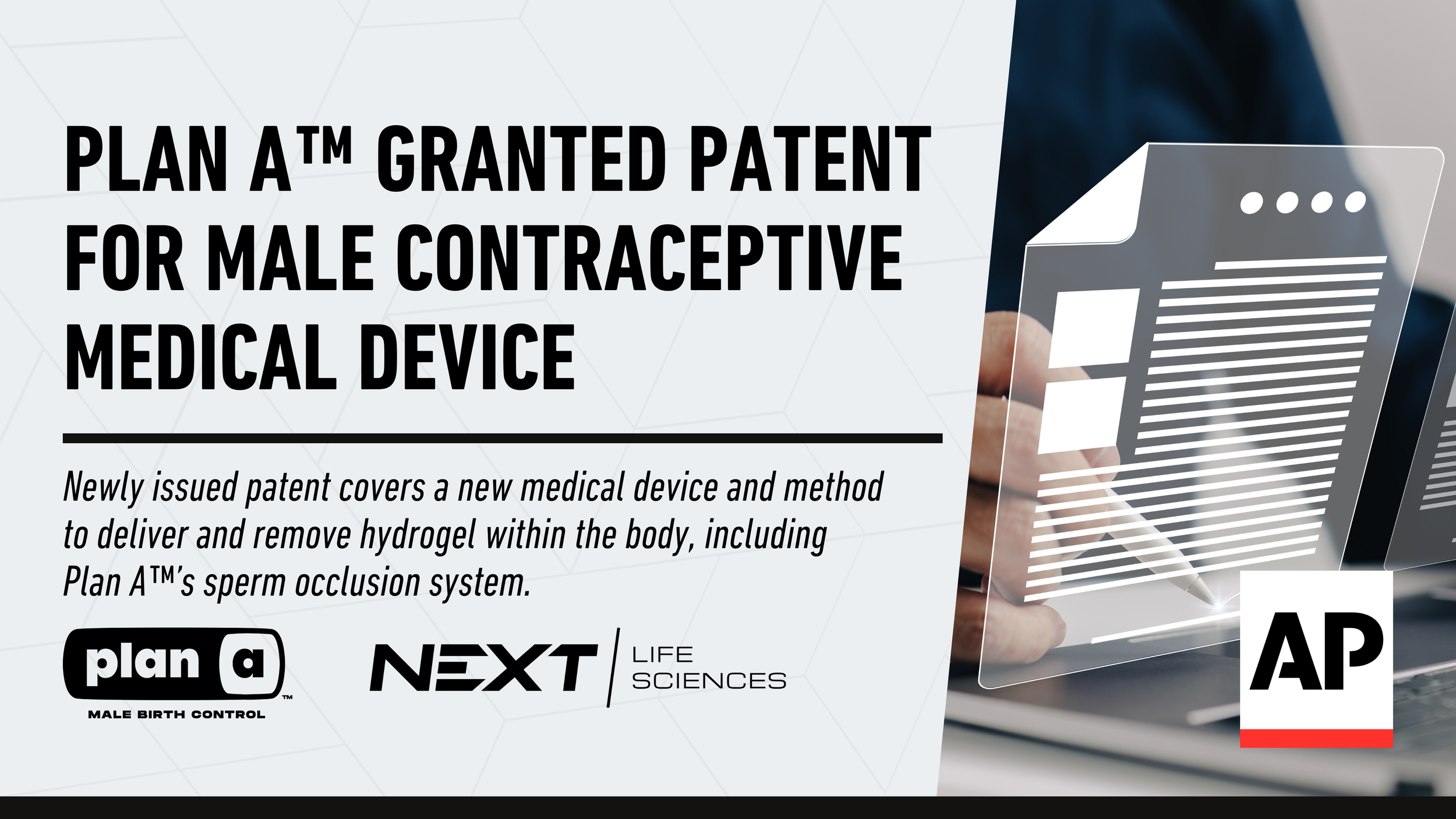 AP NEWS | Plan A™ Granted Patent For Male Contraceptive Medical Device