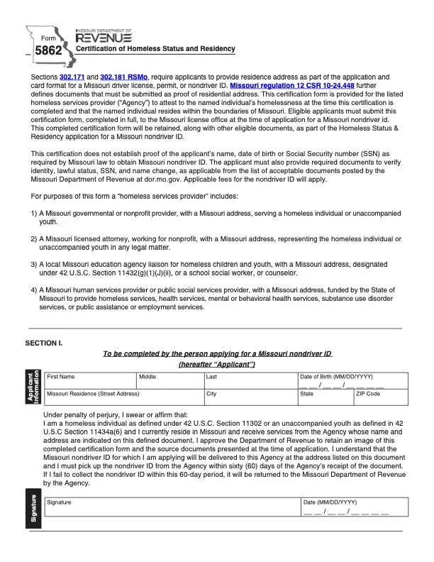 Form 5862 | When You Have No Address — Missouri State ID Access Coalition