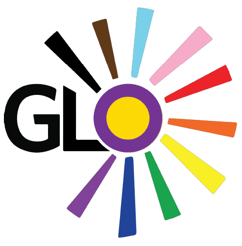 The word 'GLOW' with a colorful sunburst design behind it, featuring rays in various colors including brown, blue, pink, red, orange, yellow, green, and purple.