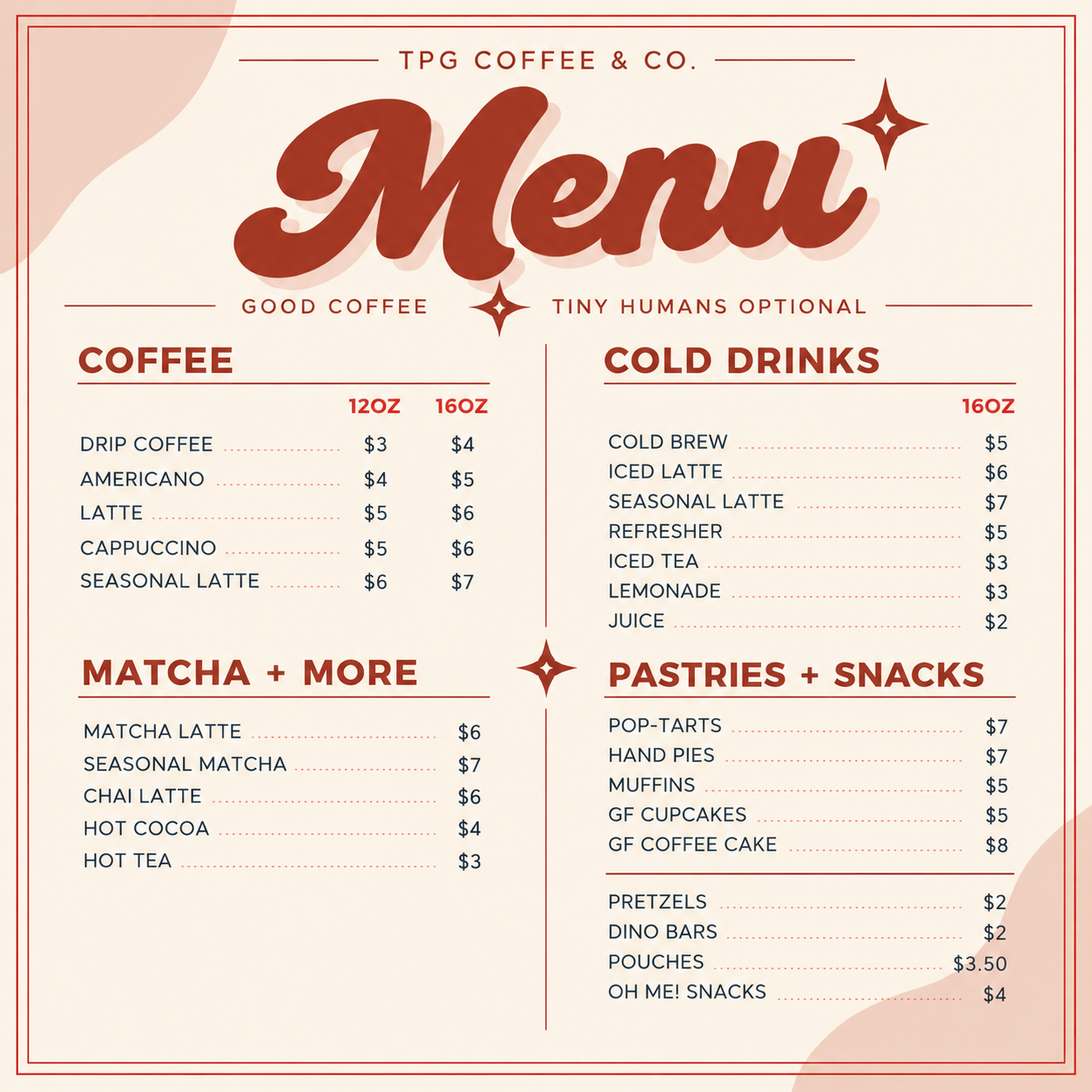 Menu from TPG Coffee & Co. featuring coffee, cold drinks, matcha, pastries, and snacks, with prices for each item listed for 12oz and 16oz sizes.