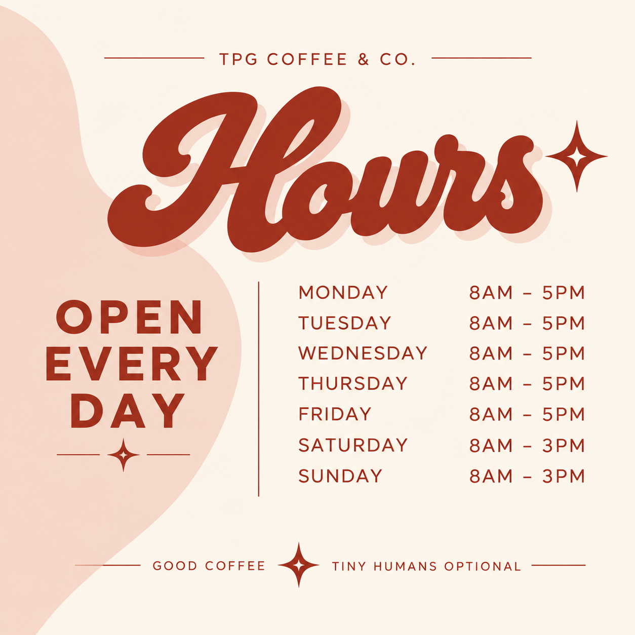 Sign displaying the hours of operation for TPG Coffee & Co., open every day from 8 am to 5 pm on weekdays, 8 am to 3 pm on weekends, with a stylistic design and decorative elements.