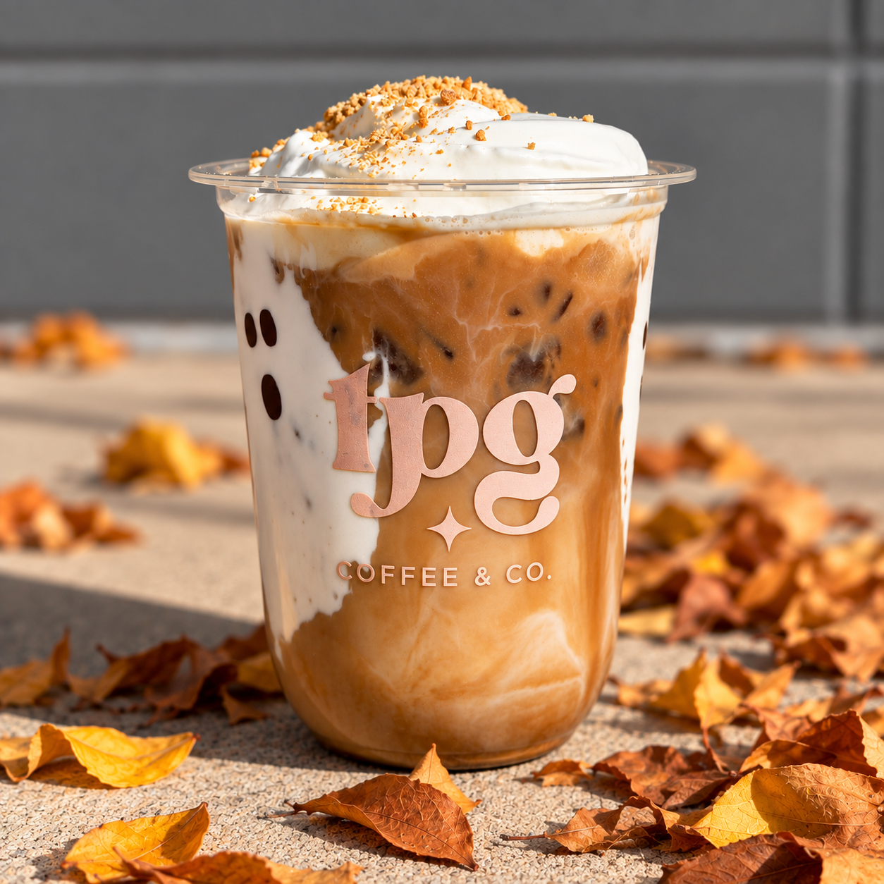 A cold coffee drink in a clear plastic cup with whipped cream and caramel drizzle, branded with 'pig Coffee & Co.', surrounded by fallen autumn leaves.