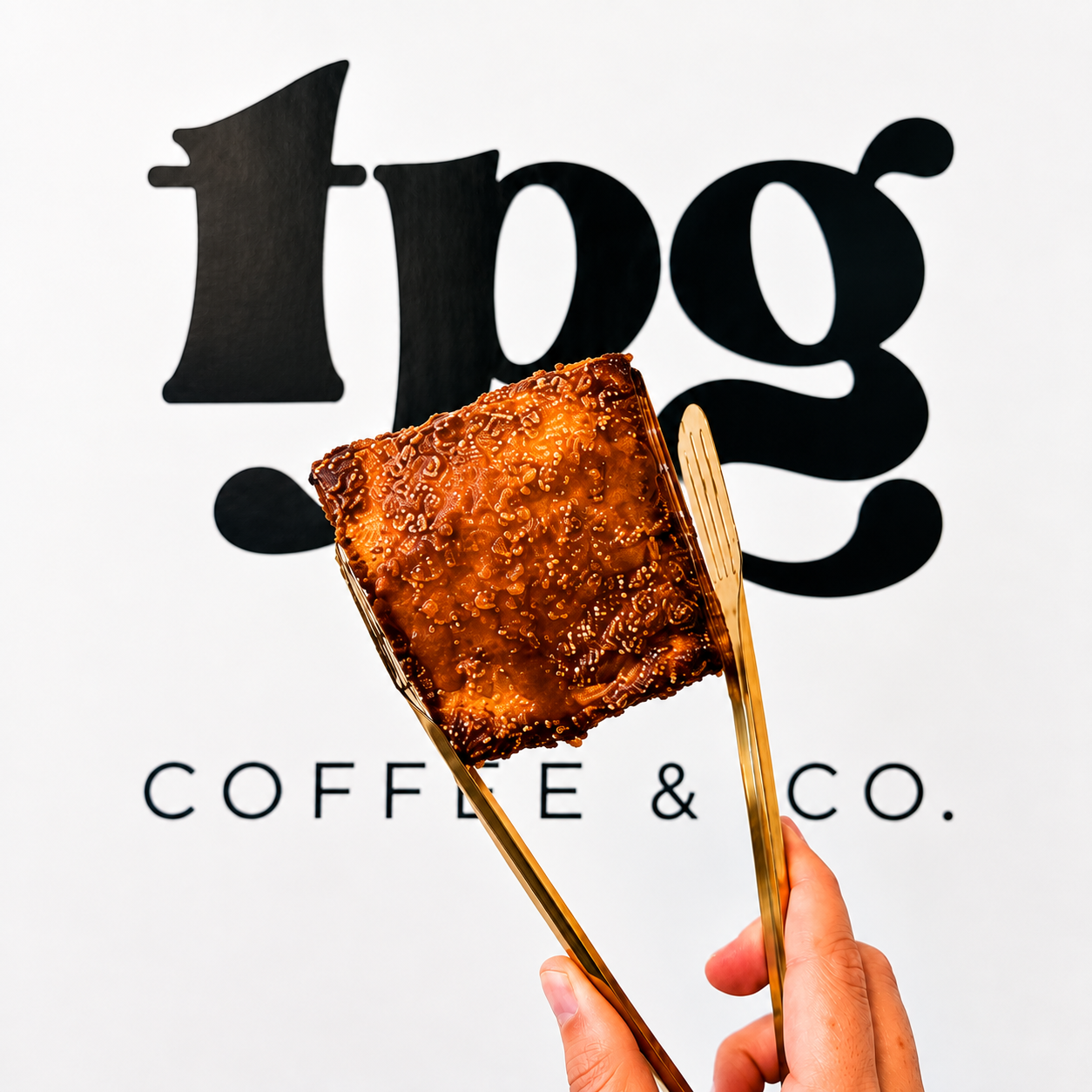 A person holding a caramel-coated dessert bar on gold tongs in front of a sign that says 'tpg Coffee & Co.'