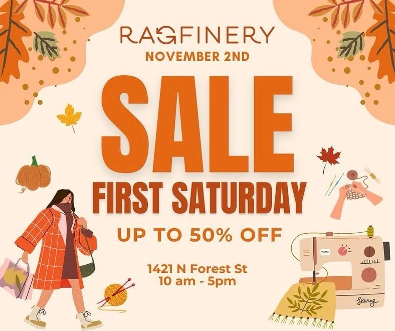 Join us tomorrow, November 2nd, for our monthly First Saturday Sale!
⠀⠀⠀⠀⠀⠀⠀⠀⠀
Knit Yardage - $1.80 per lb
Cotton Crochet thread - $3.80 per lb
Bottoms Bins- $1.80 per lb 
$2 Rack - $1.00 each
$2 Scarves - $1.00 Each 
⠀⠀⠀⠀⠀⠀⠀⠀⠀
See you tomorrow 🍂
