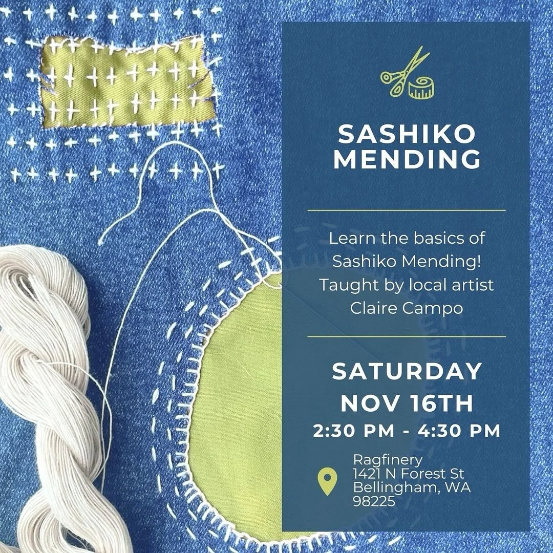 Join us for a mending workshop at Ragfinery on Saturday, November 16th from 2:30 PM - 4:30 PM!
⠀⠀⠀⠀⠀⠀⠀⠀⠀
In this class, we will explore the art of Sashiko patching on woven garments. This class is perfect for beginners or those with some sewing exper