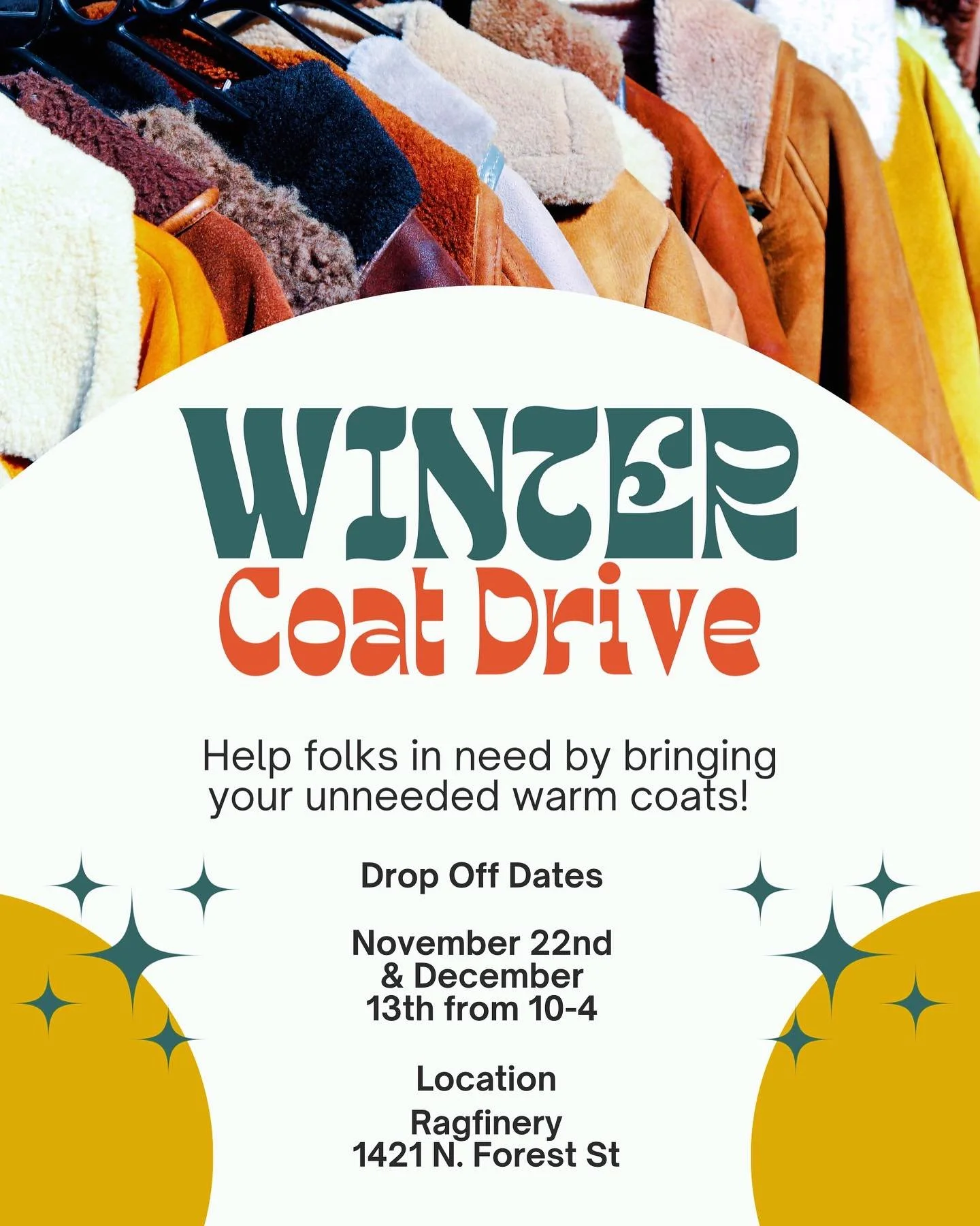 The cold and wet season is upon us and we are banding together to support our community! Please bring us your unneeded coats and other useable cold season gear for those in need! November 22nd and December 13th! Just say &ldquo;Coat Drive&rdquo; at D
