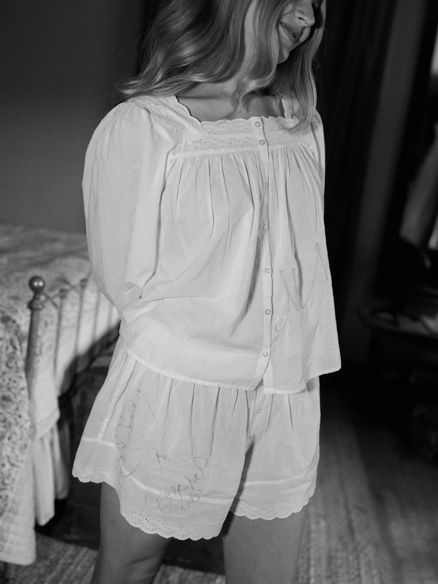 Maggie in the cutest embroidered bridal pj&rsquo;s 🕊️