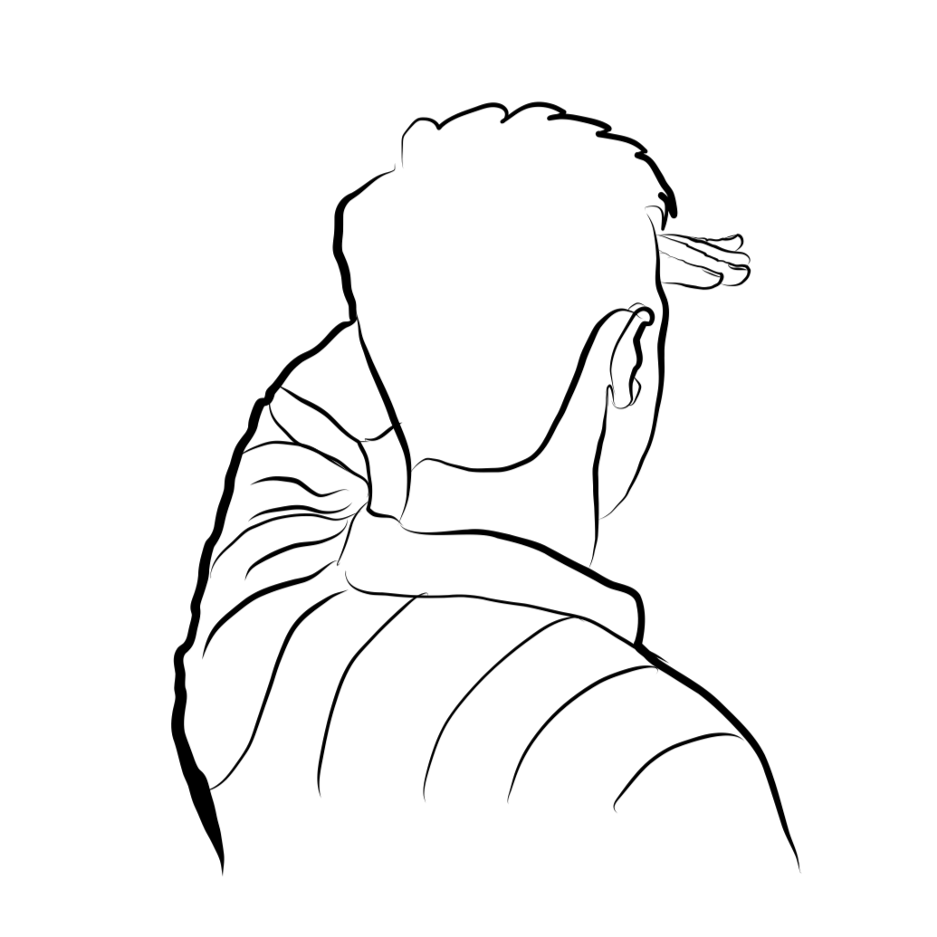 Line drawing of a person in a jacket, seen from behind, wearing glasses and with short hair and searching in the distance while shading their eyes with their raised hand.