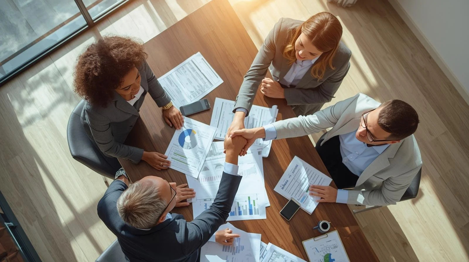 Group of five business professionals meeting around a conference table, engaged in a handshake with documents and graphs on the table.
