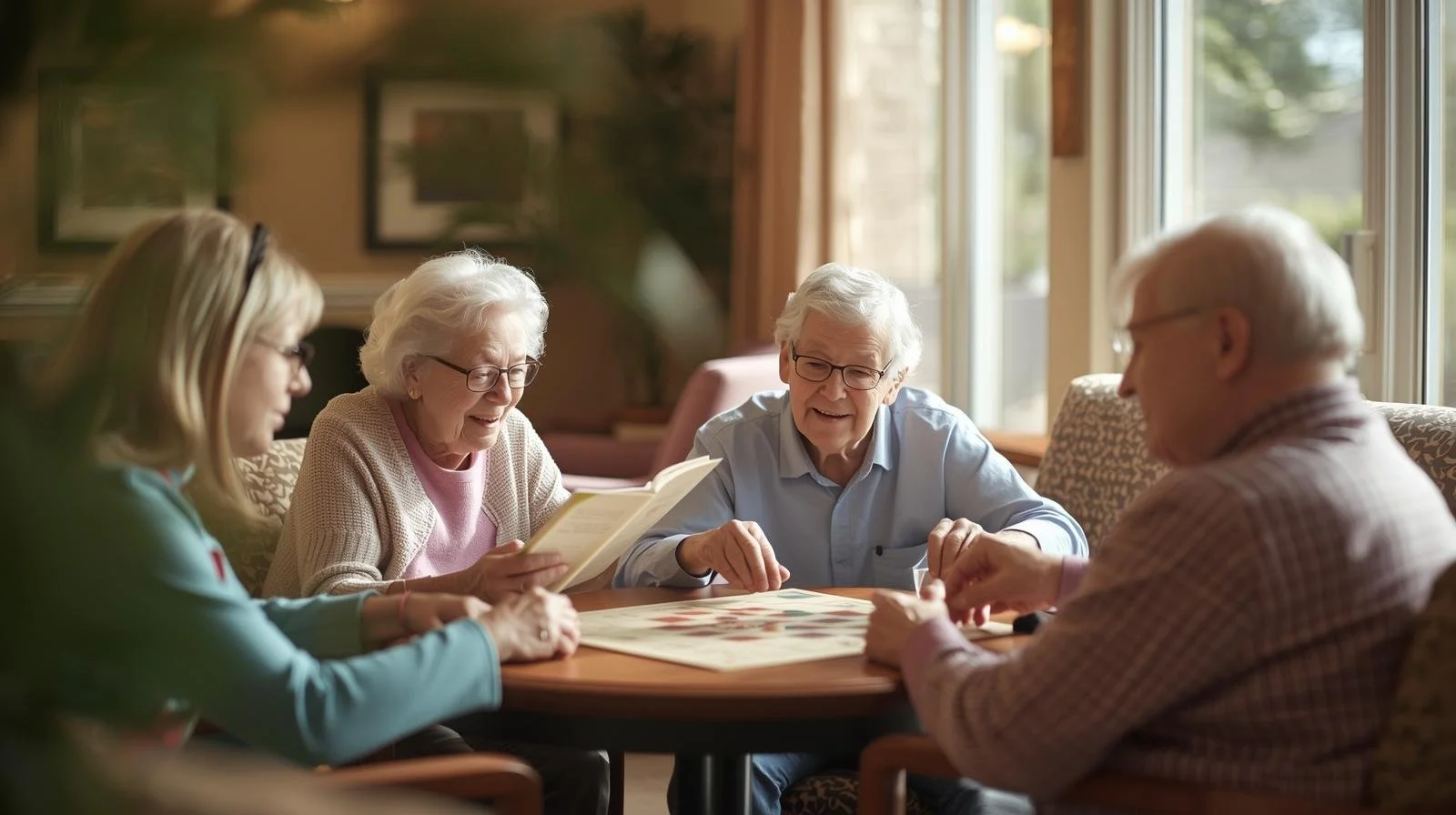 Four elderly people sitting around a table playing board games and reading aloud in a cozy, well-lit room.
