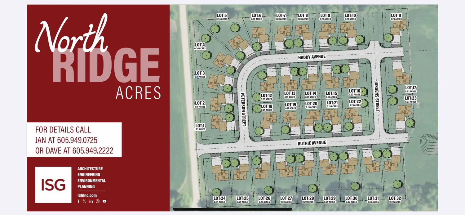 Site plan map of the Northridge residential development in Milbank, SD showing platted lots, streets, and lot sizes.