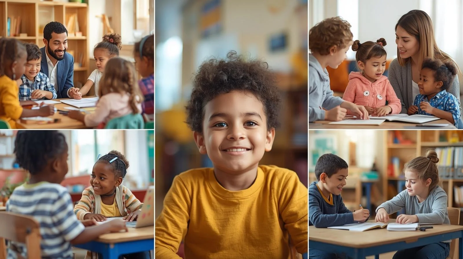 Smiling young boy in a yellow shirt, in a classroom with other children and a teacher, engaged in learning activities.