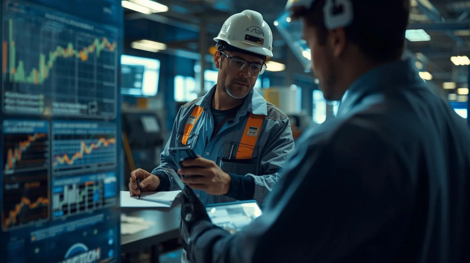 Two industrial workers with hard hats and safety gear examining data on digital tablets in a control room with multiple screens displaying stock market charts.