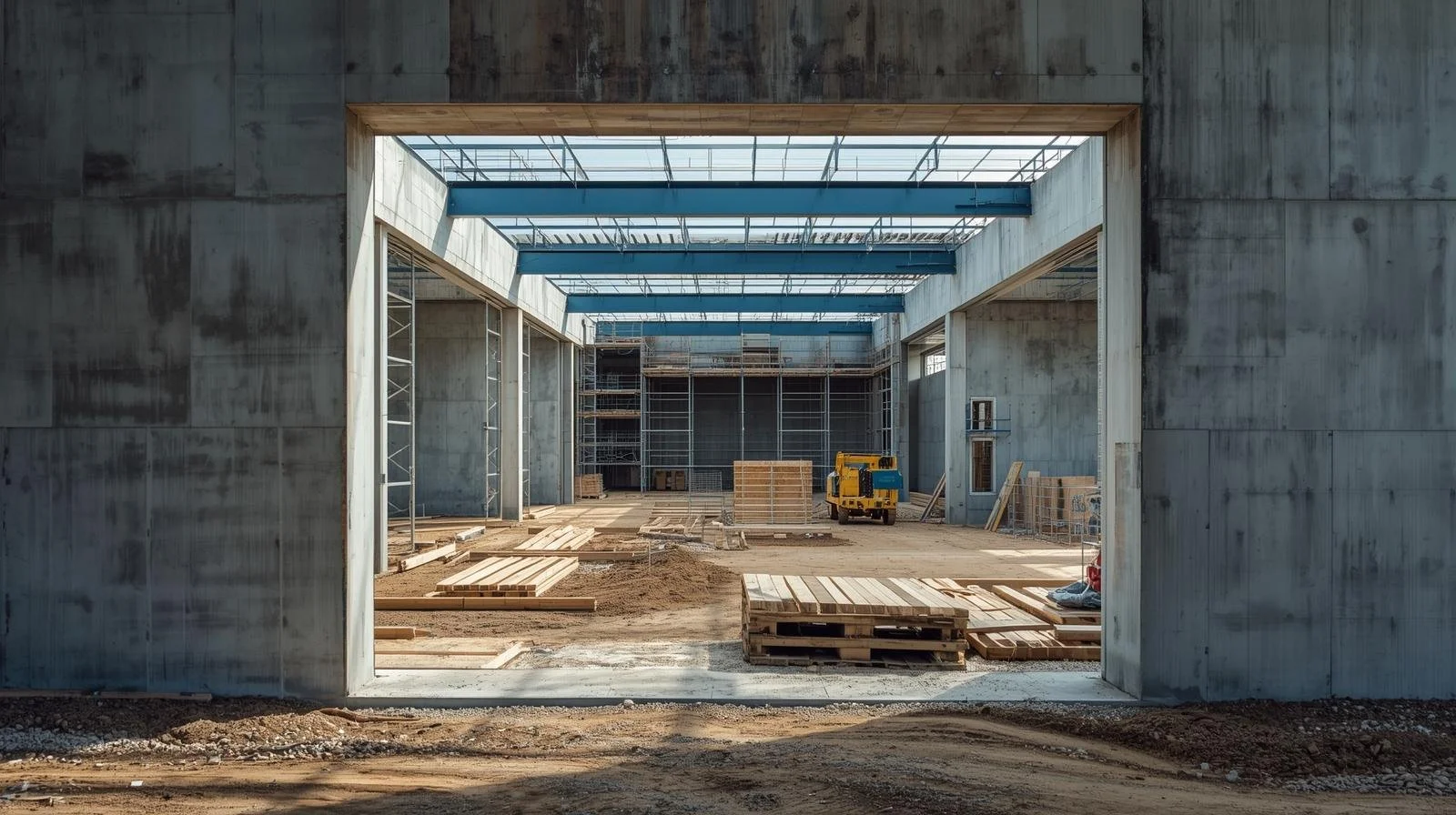 View of a construction site with unfinished concrete structure, scaffolding, and construction equipment.