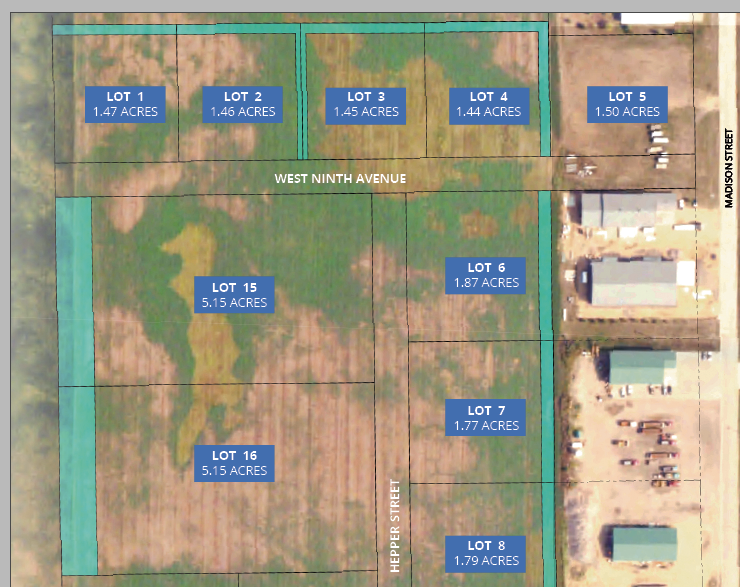 Available development lots in Grant County, South Dakota showing parcel sizes, street access, and infrastructure readiness