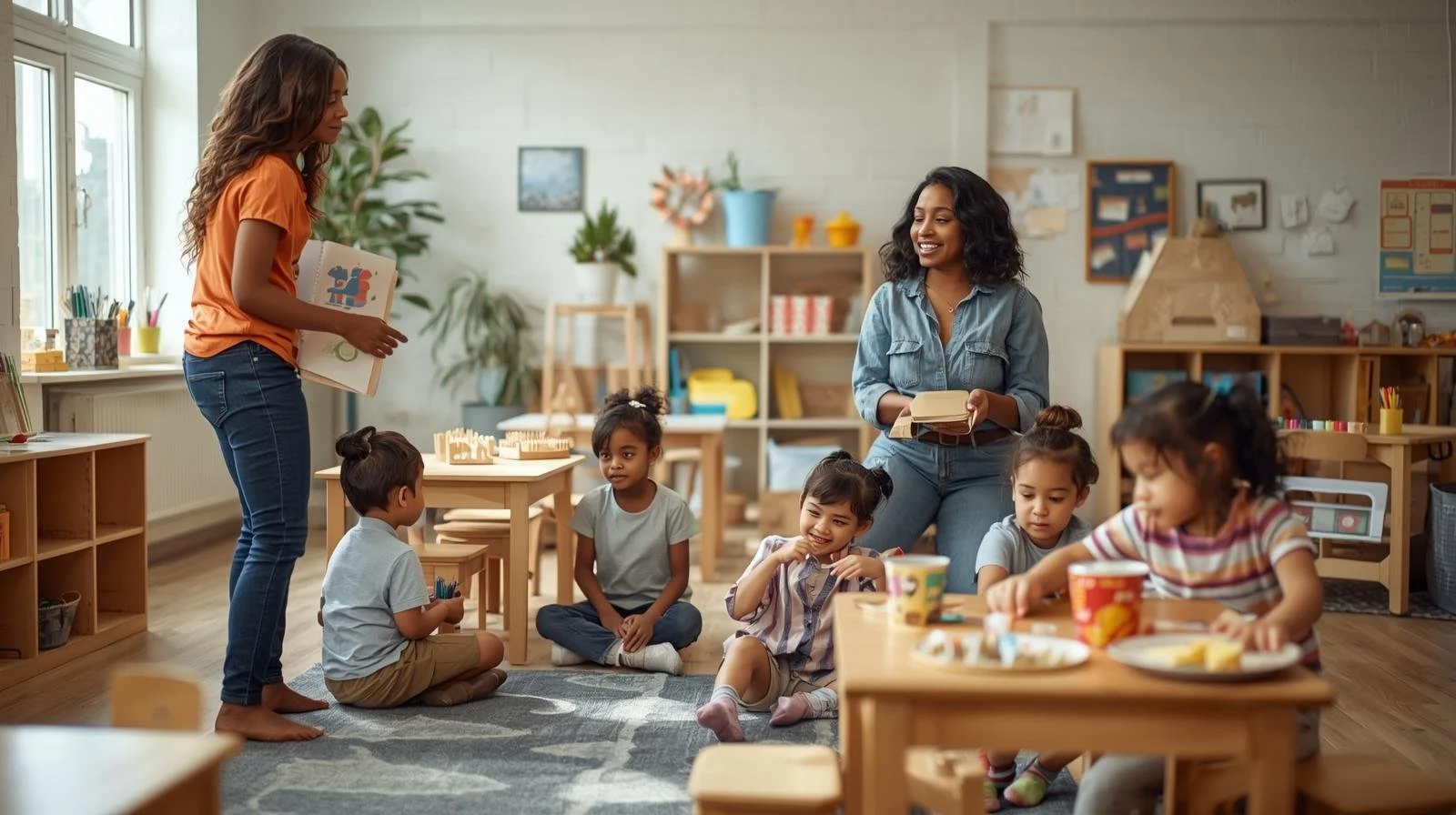 A classroom with seven young children and two women. The children sit on the floor and at tables, some smiling and engaging, while the women hold books and appear to be teaching or talking. The room is well-lit with large windows and has shelves, plants, and educational decorations.
