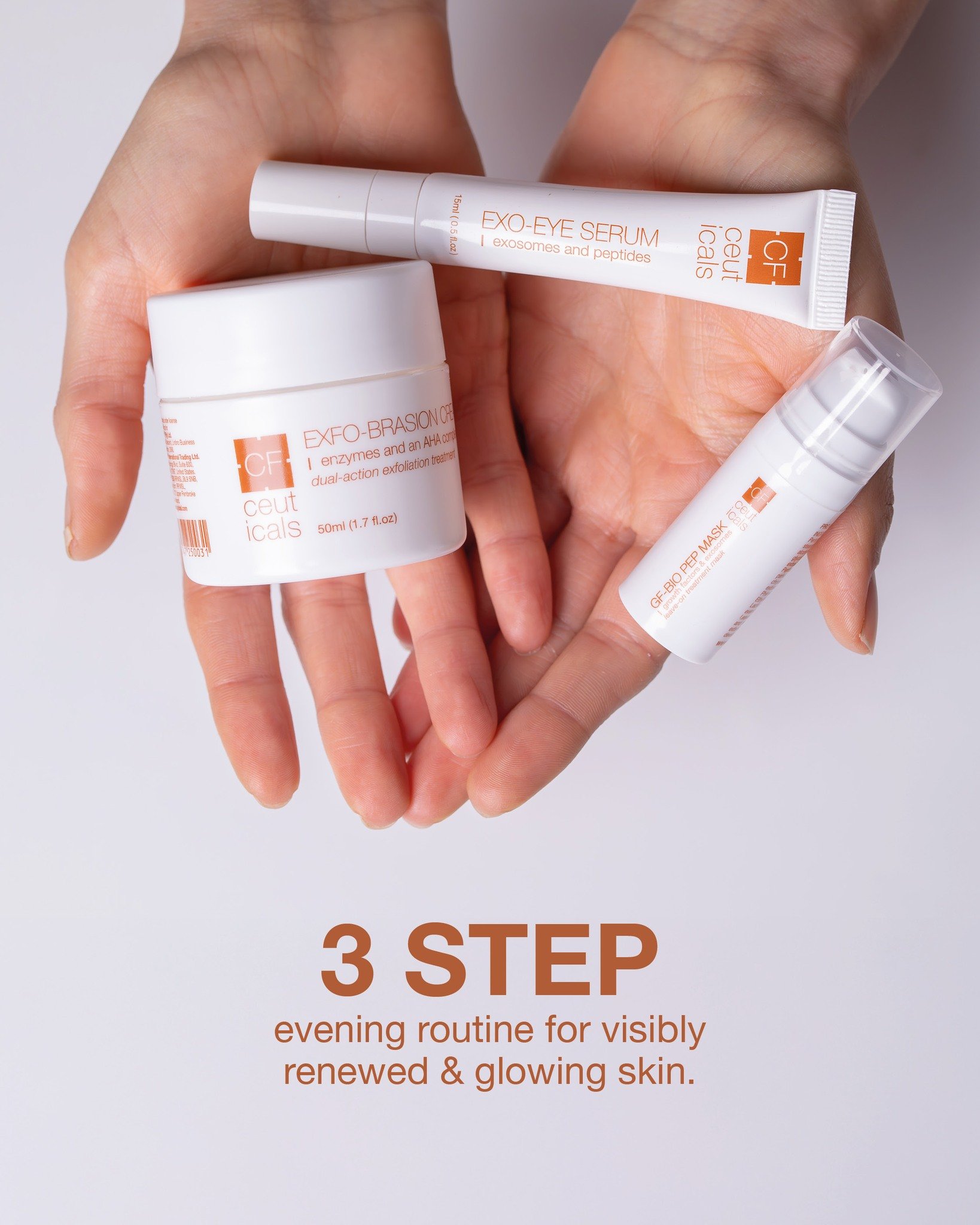 Ready to wake up to visibly renewed, glowing skin? 

Discover our CF Ceuticals 3-step evening routine for overnight skin regeneration:

1.  Exfoliate &amp; Prep: After cleansing, apply the Exfo-brasion Cream to remove dead skin cells and clear pores,