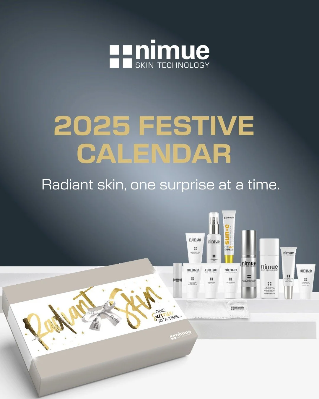 Radiant skin starts with Nimue's Festive Calendar.

What to expect in the 2025 Festive Calendar:
&bull;Cleansing Gel 15ml
&bull;Exfoliating Enzyme 15ml
&bull;Conditioner 30ml
&bull;Nimue Day 15ml
&bull;Daily Calm and Restore 15ml
&bull;Sun C SPF 40 2