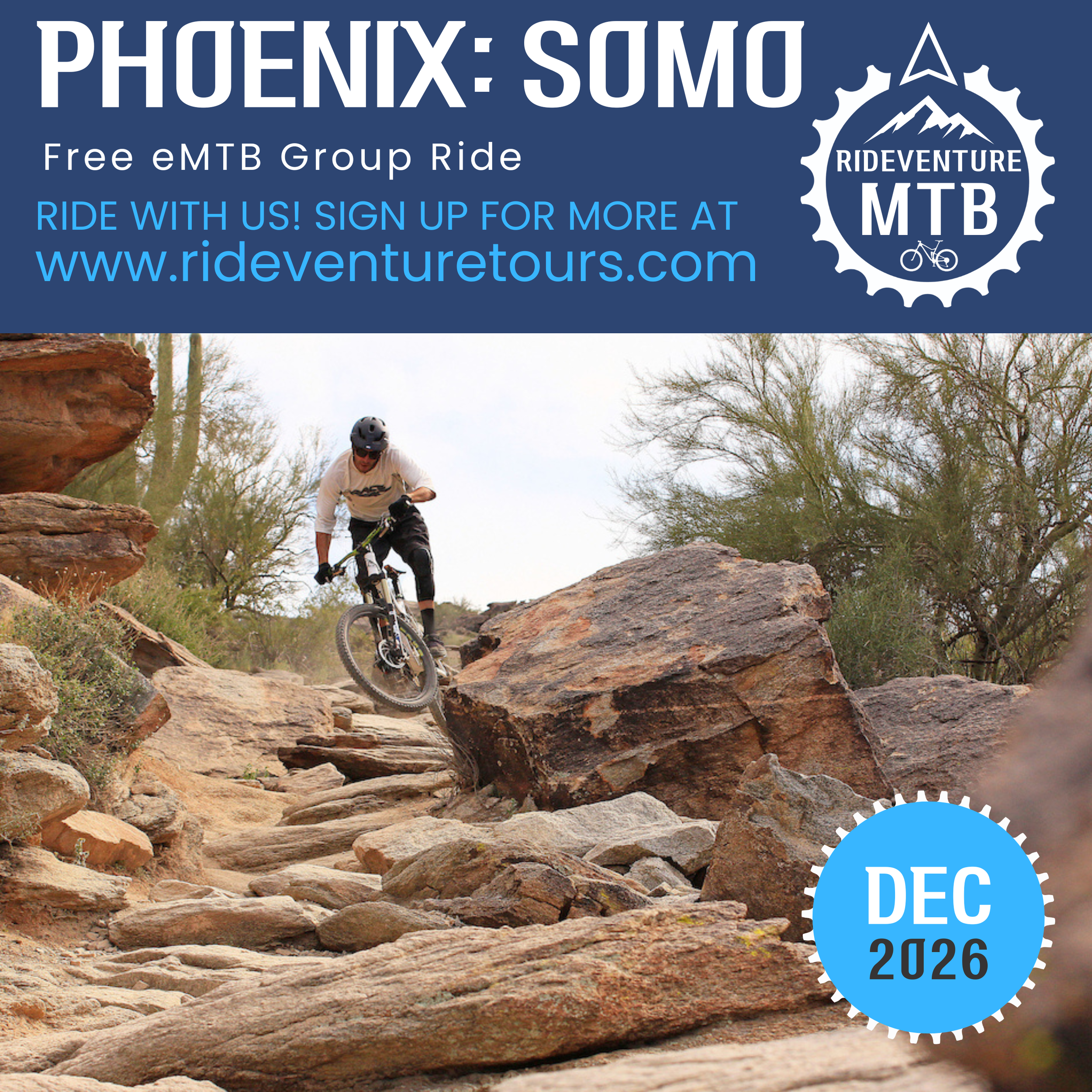 Mountain biker riding over rocks on a trail in a desert landscape with sparse vegetation, under cloudy sky, promoting a free group mountain biking ride in Phoenix at South Mountain with details for December's RIDEVenture MTB event.