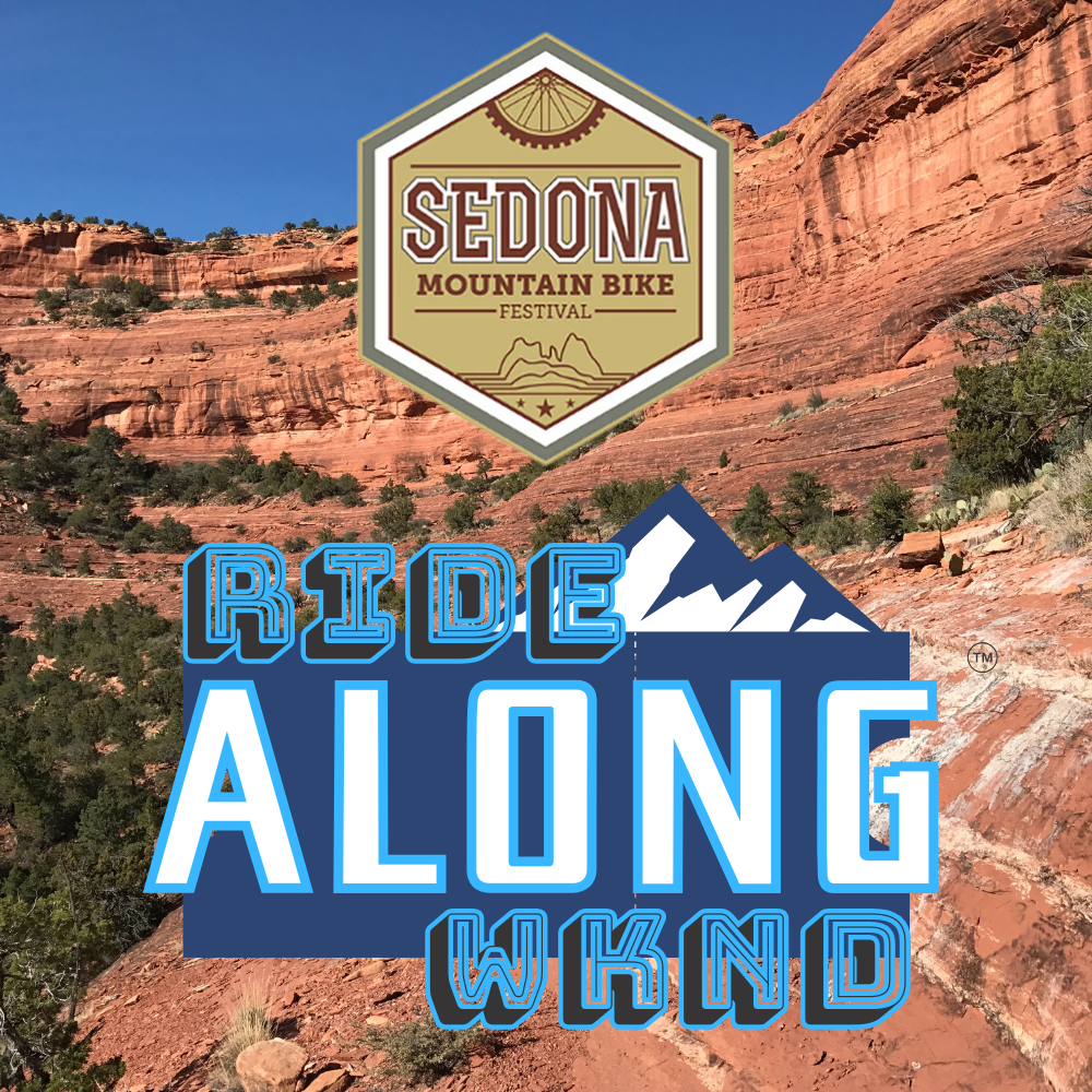 A digital graphic promoting the Sedona Mountain Bike Festival with a background of red rock canyon and clear blue sky. It features the festival's logo and the phrase 'Ride Along Wknd' for the event being promoted by RIDEVenture Tours in November 6-8.