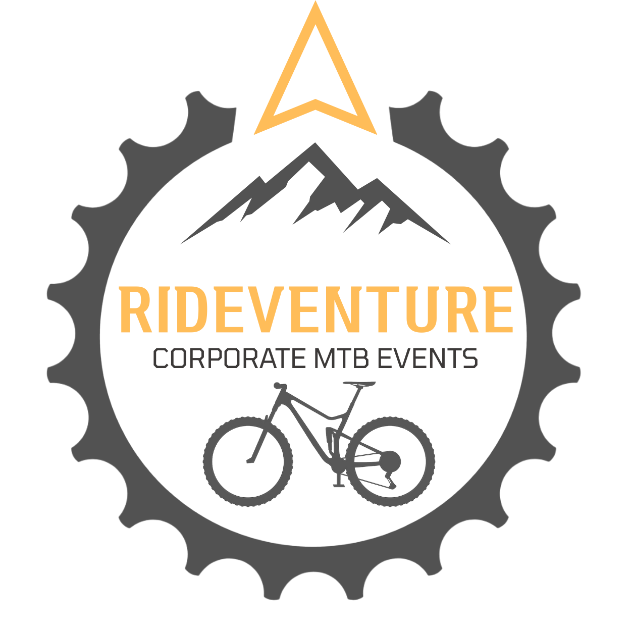 Logo for RIDEVENTURE, featuring mountain and mountain bike imagery, with the text "RIDEVENTURE CORPORATE MTB EVENTS".