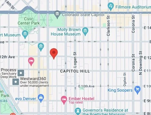 Map of Capitol Hill area in Denver, Colorado, highlighting locations such as Civic Center Park, Molly Brown House Museum, and King Soopers. Includes street names and various business markers.