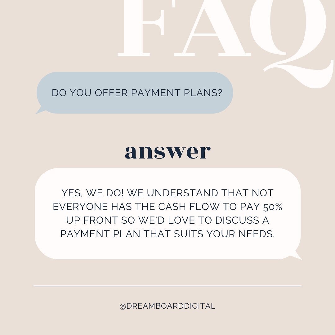 Q: Do you offer payment plans? 

A: Yes, we do! We understand that not everyone has the cash flow to pay 50% up front so we&rsquo;d love to discuss a payment plan that suits your needs. 

#squarespacedesigner #squarespacedesign #squarespacetips #squa