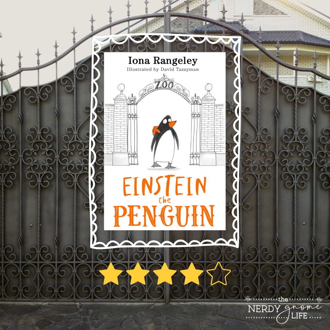 The cover of the children's book Einstein the Penguin is shown against a backdrop of an ornate zoo gate.