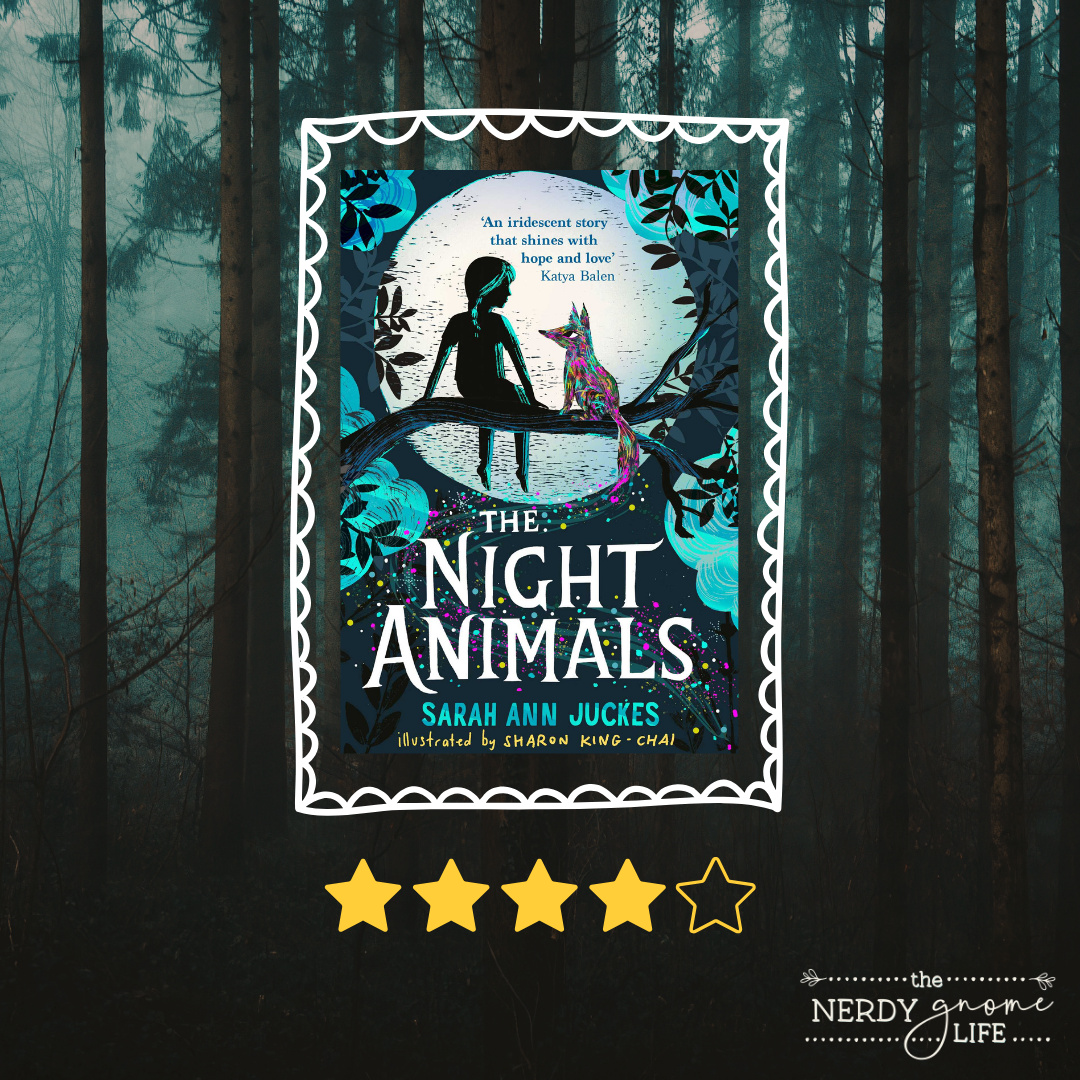 A dark and misty forest serves as the background behind the cover of The Night Animals by Sarah Ann Juckes, with a four-star review rating.