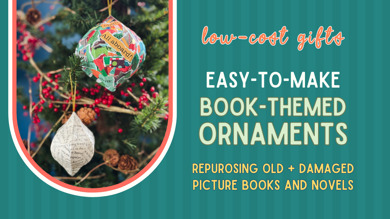 A graphic advertising low-cost Christmas gifts from easy-to-make book-themed ornaments