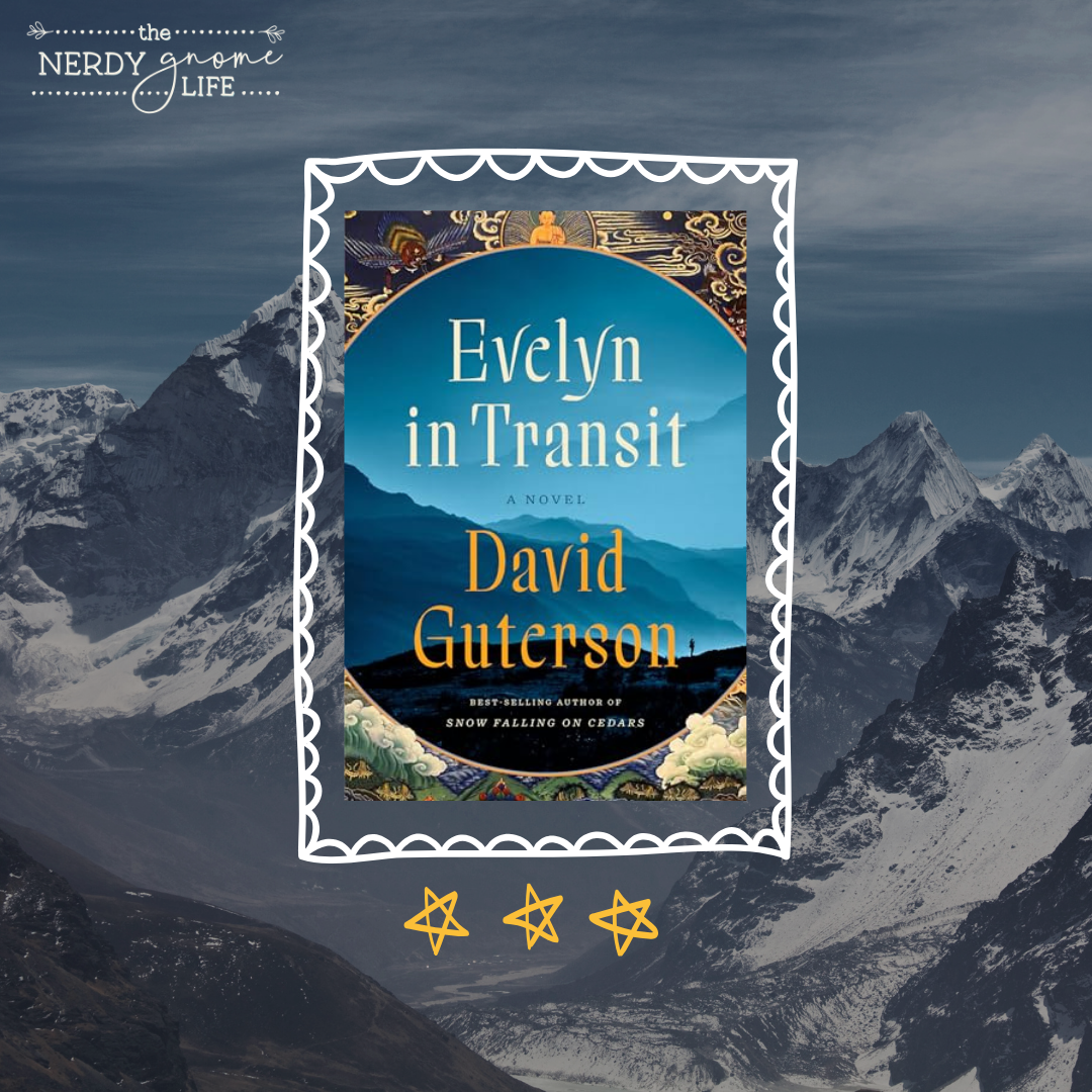 Graphic for a book review of Evelyn in Transit, showing the book cover on top of a snowy mountain backdrop.