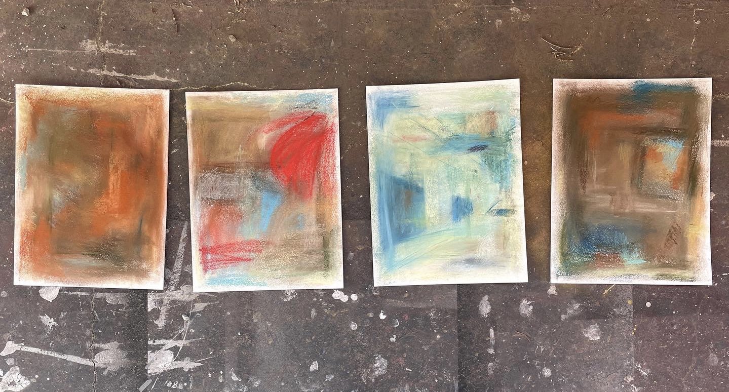 Four drawings from "My Memory Box" drawing series, 2023, oil and chalk pastel on watercolor paper, 16 x 12 in.