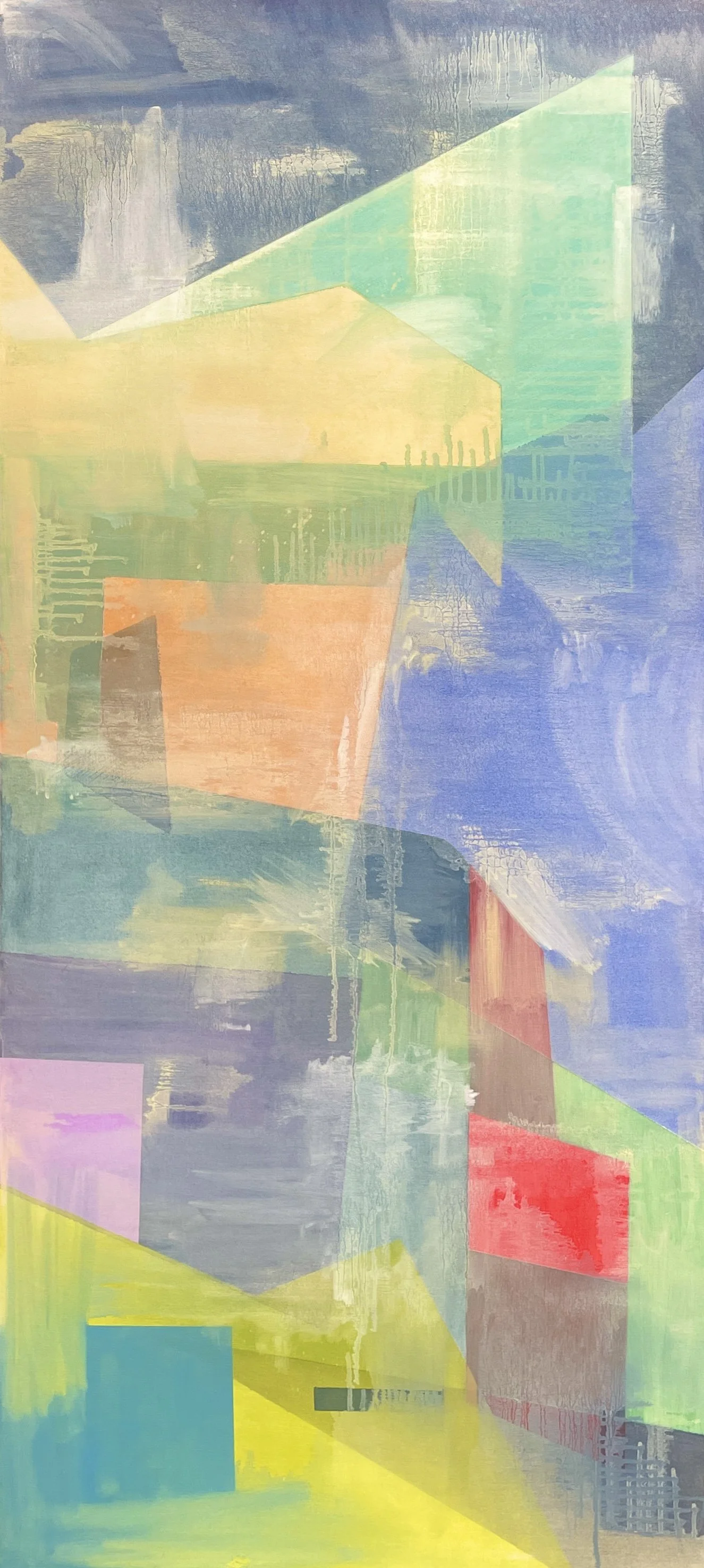 "Chemtrails and Never-ending Hallways" 60 in x 27 in, oil on canvas.