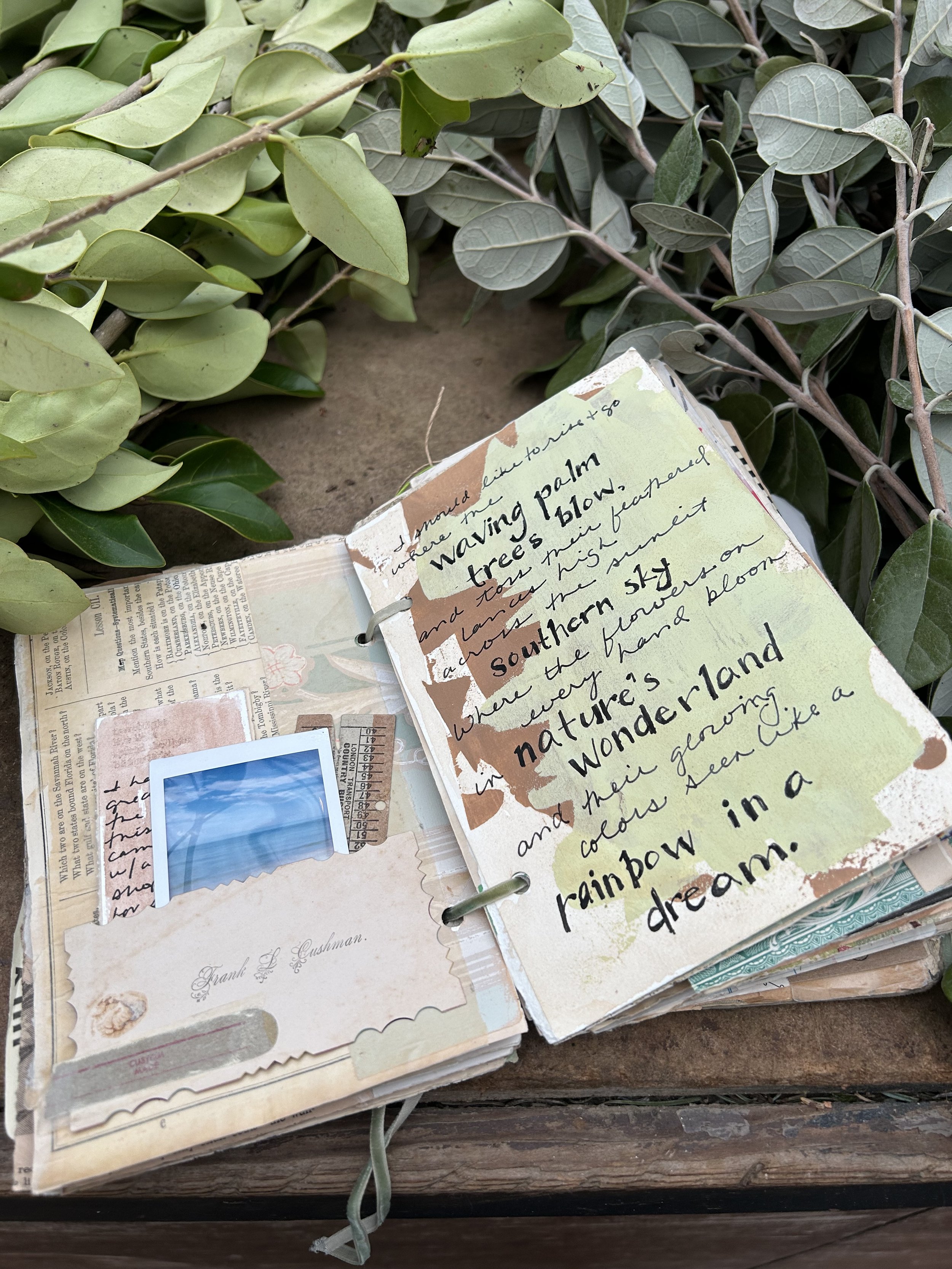 Vintage travel journal collage page with vintage ephemera, layered papers, handwriting, and travel memories.