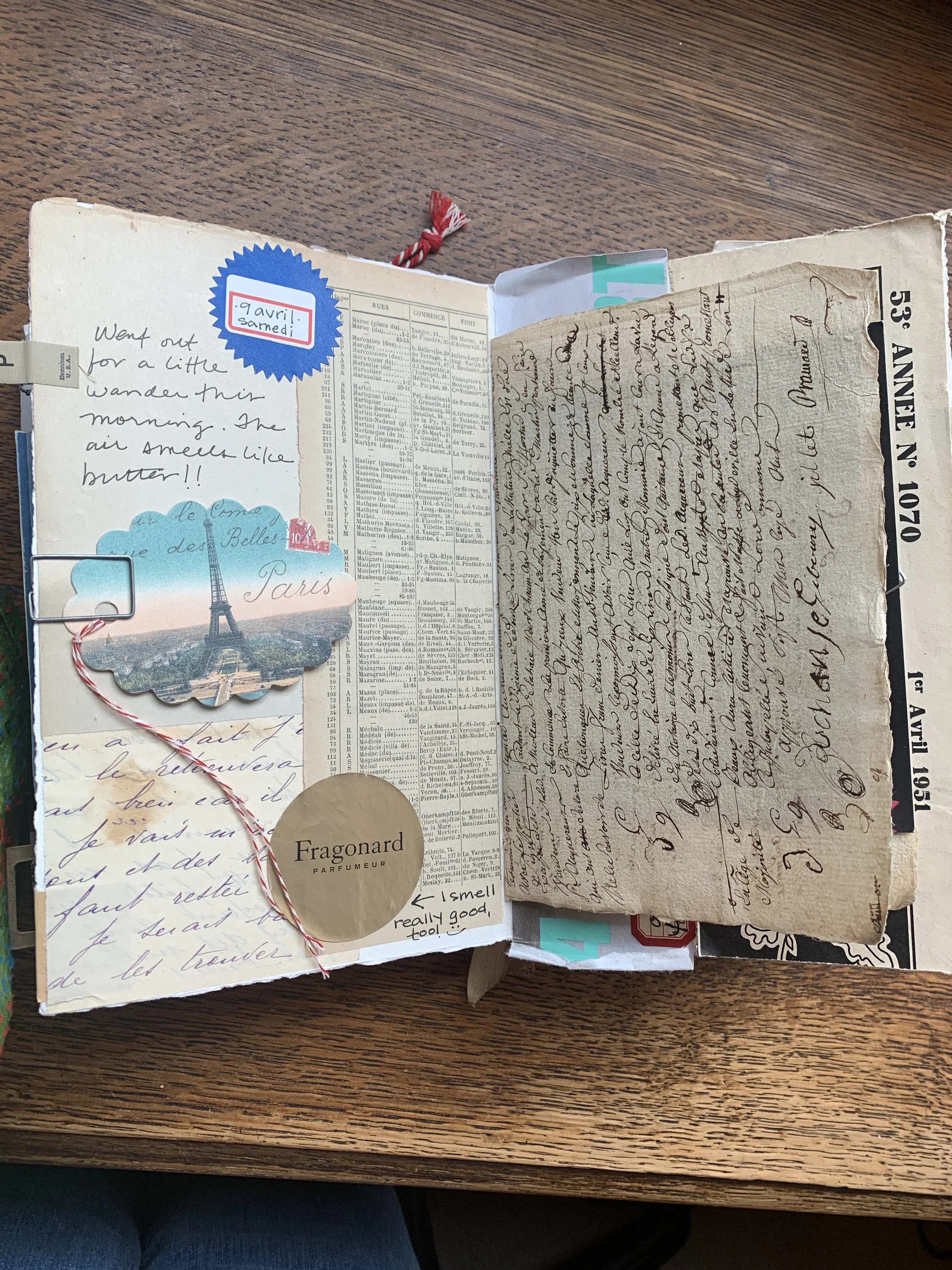 Vintage travel journal collage page with Paris ephemera, layered papers, handwriting, and travel memories.
