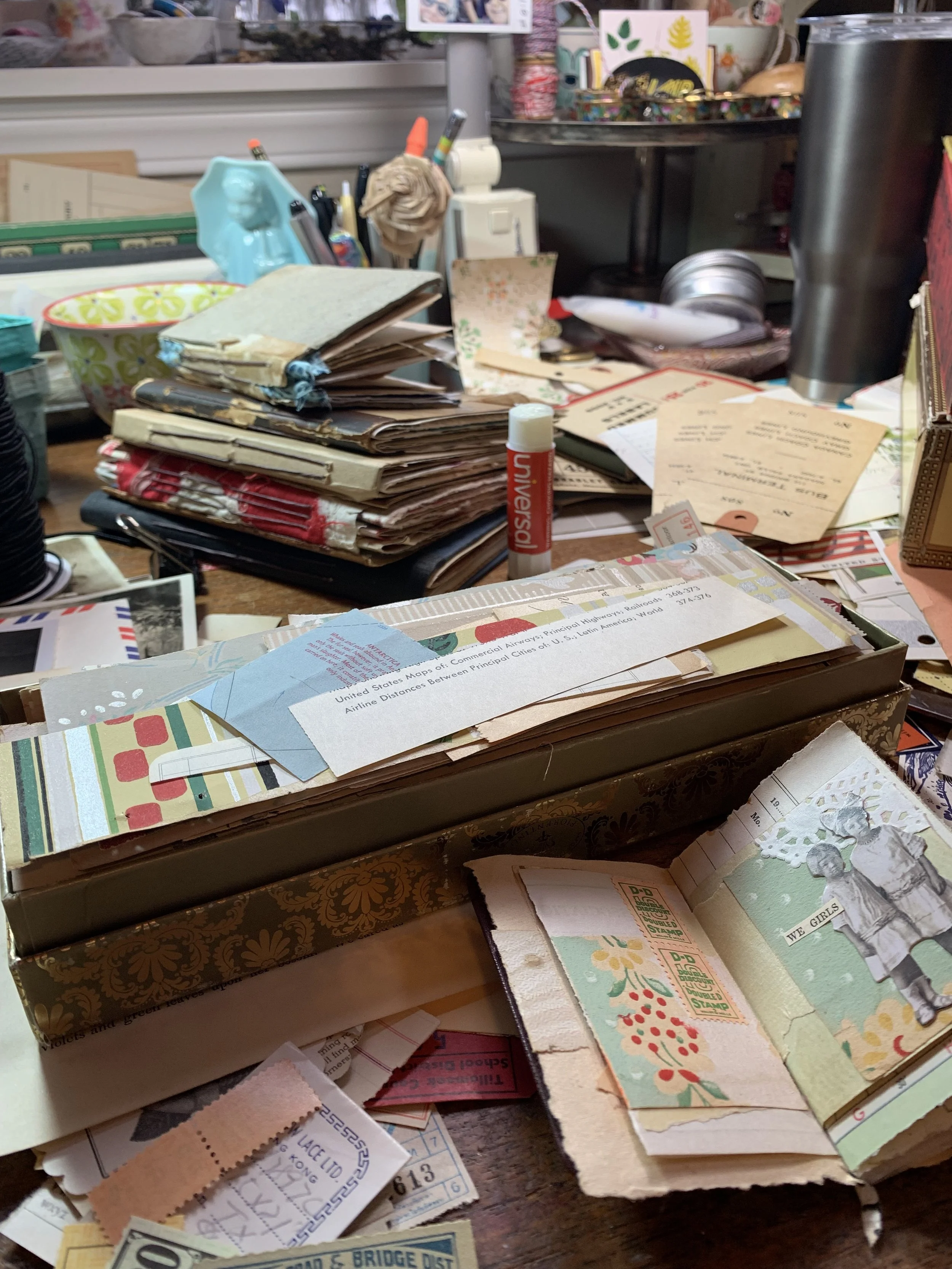 Artist Tammy Gilley’s creative studio filled with vintage ephemera, journals, and art supplies.