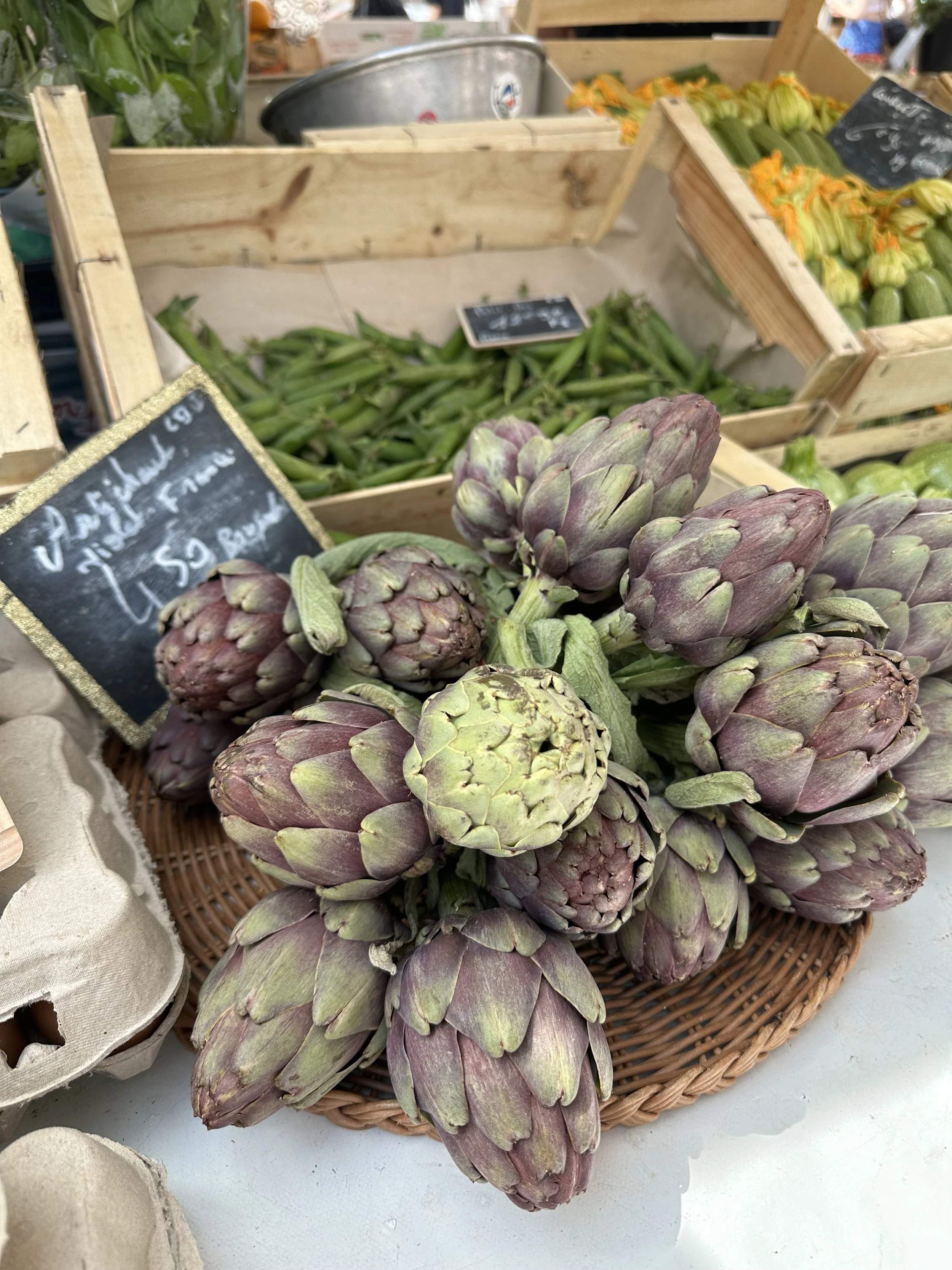 box of artichokes at Cours Saleya market, Nice, France