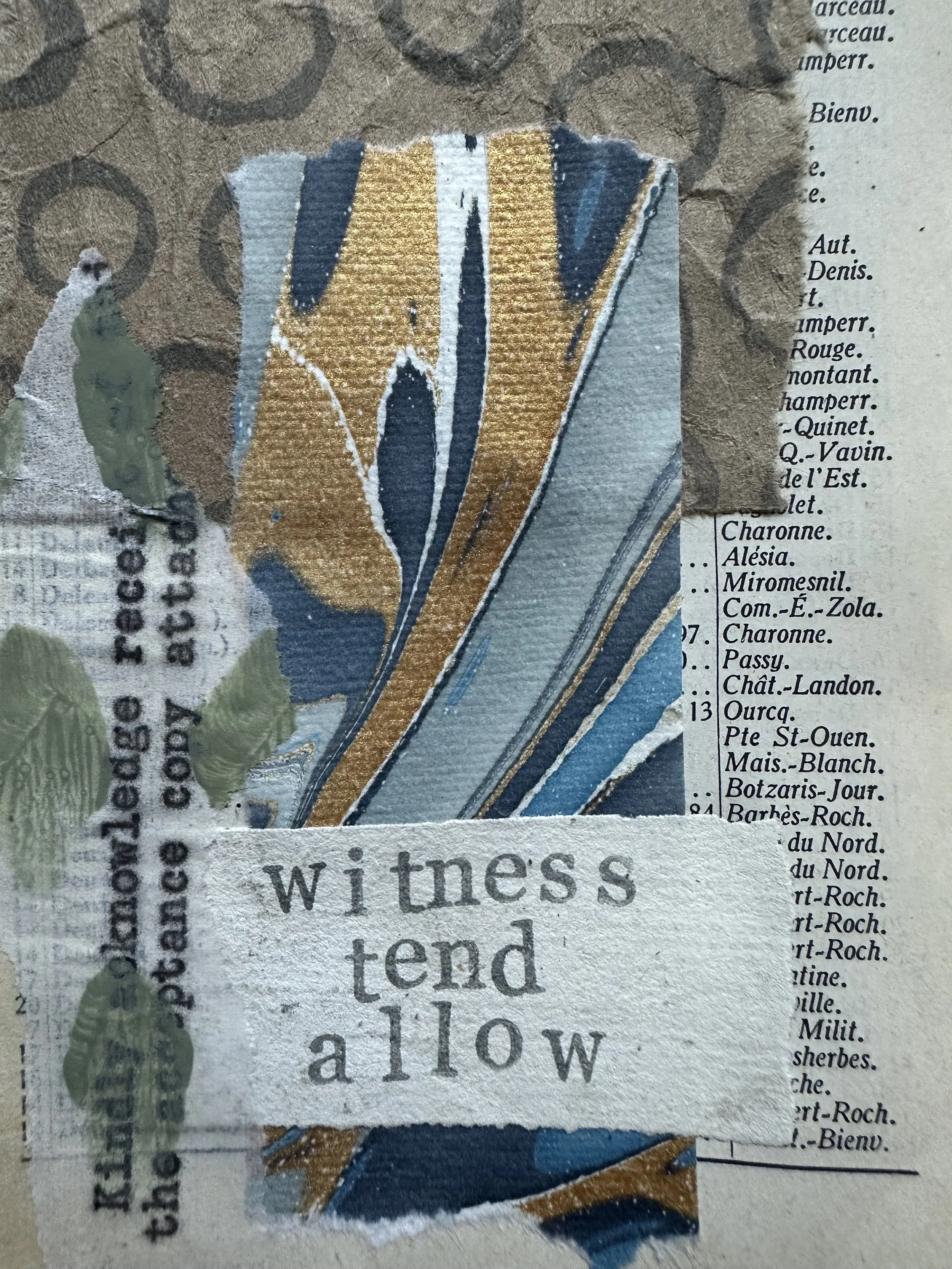 Layered art journal page exploring storytelling through fragments and texture.