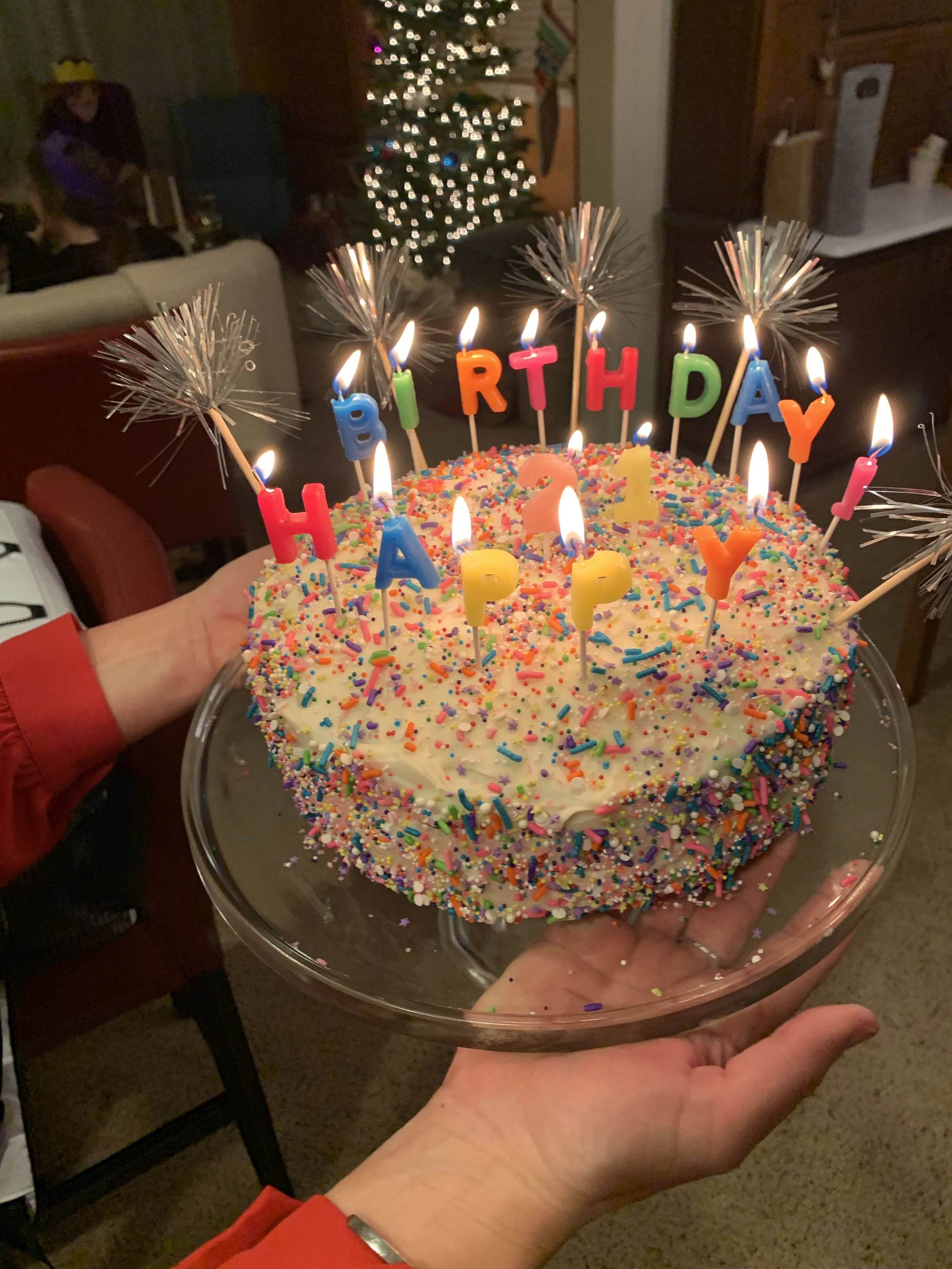 Birthday cake with candles on my 62nd birthday.