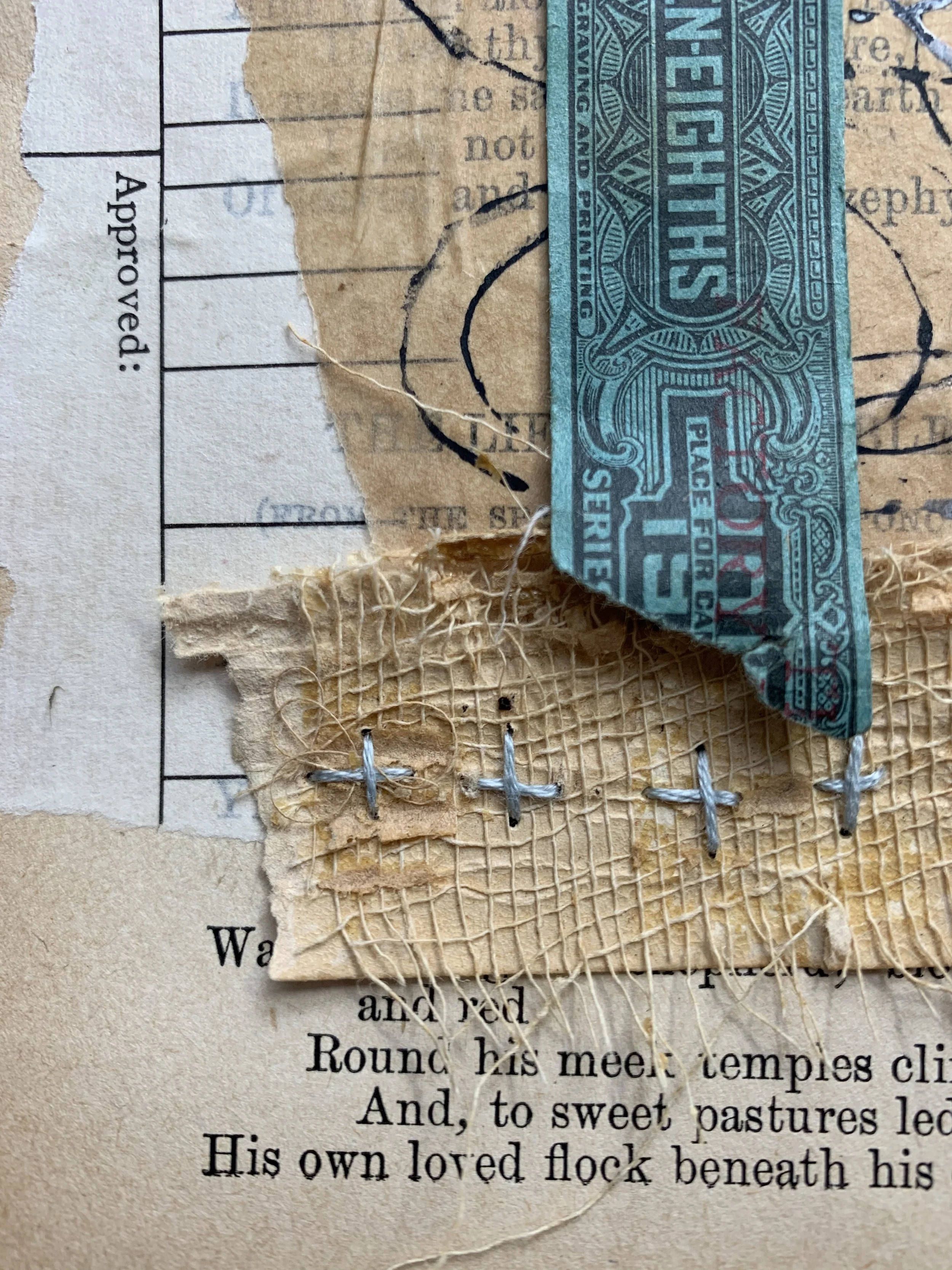 Layered art journal page exploring storytelling through fragments and texture.