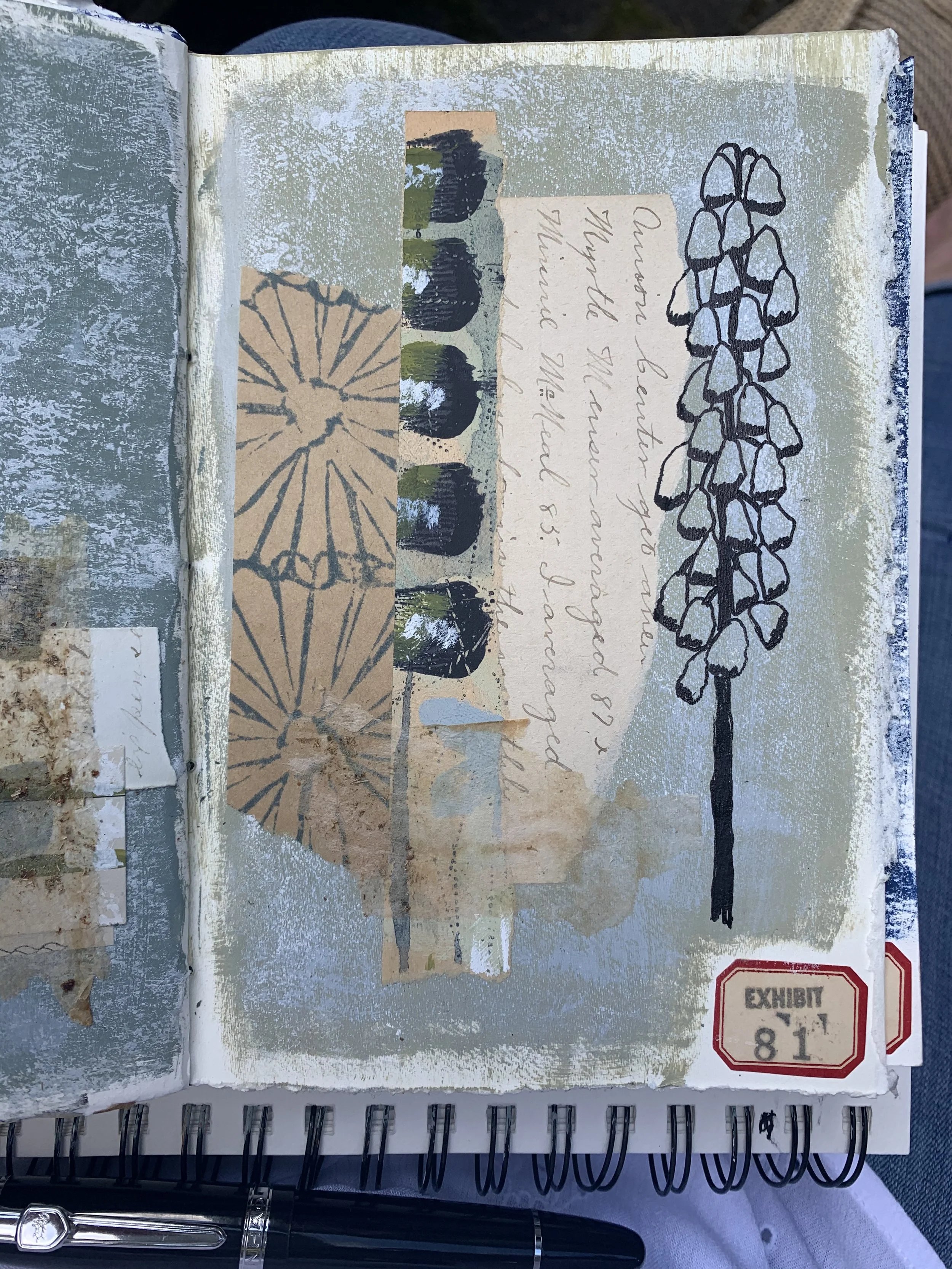 Layered art journal page exploring storytelling through fragments and texture.