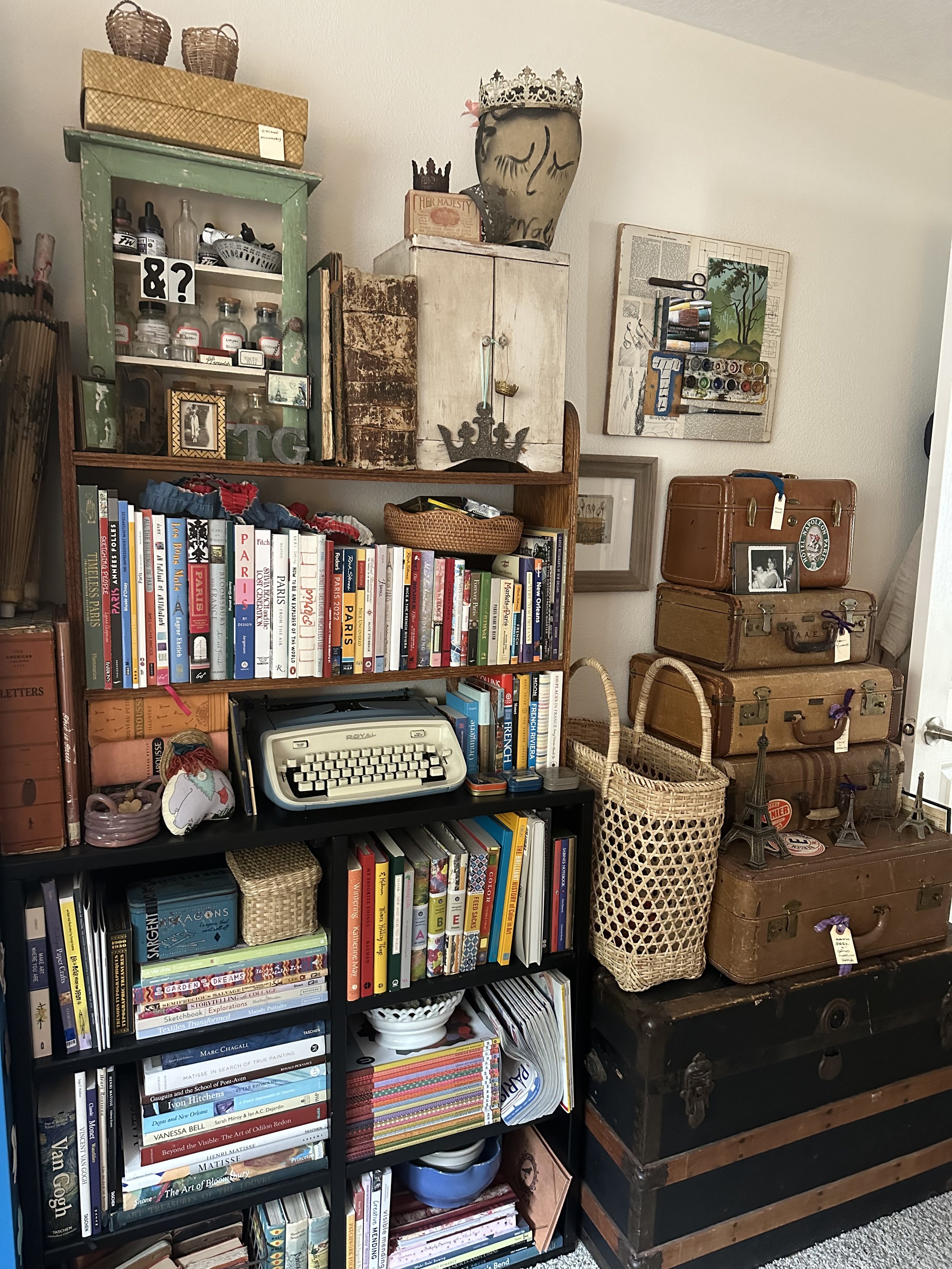 Artist Tammy Gilley’s creative studio filled with vintage ephemera, journals, and art supplies.