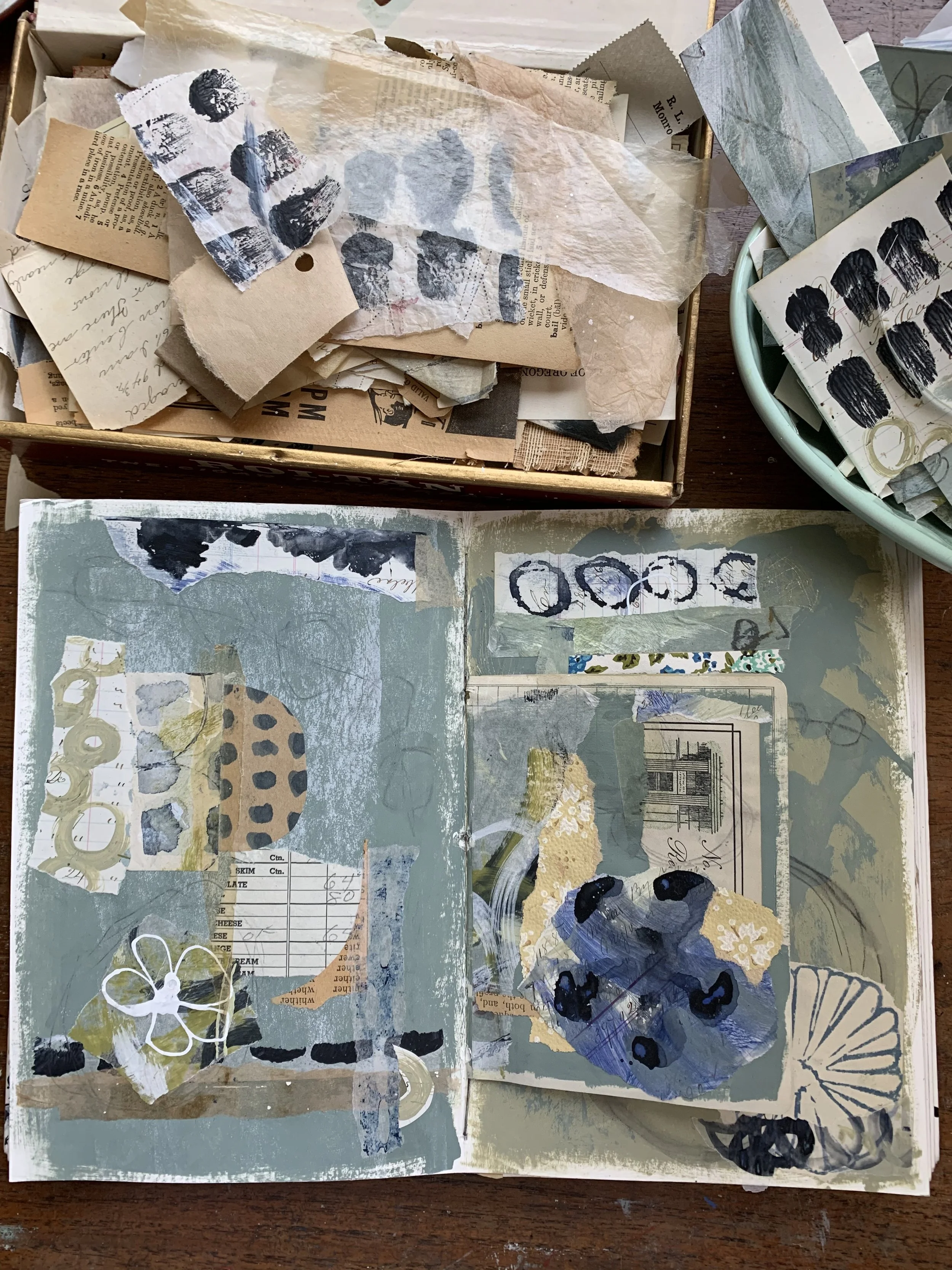 Layered art journal page exploring storytelling through fragments and texture.