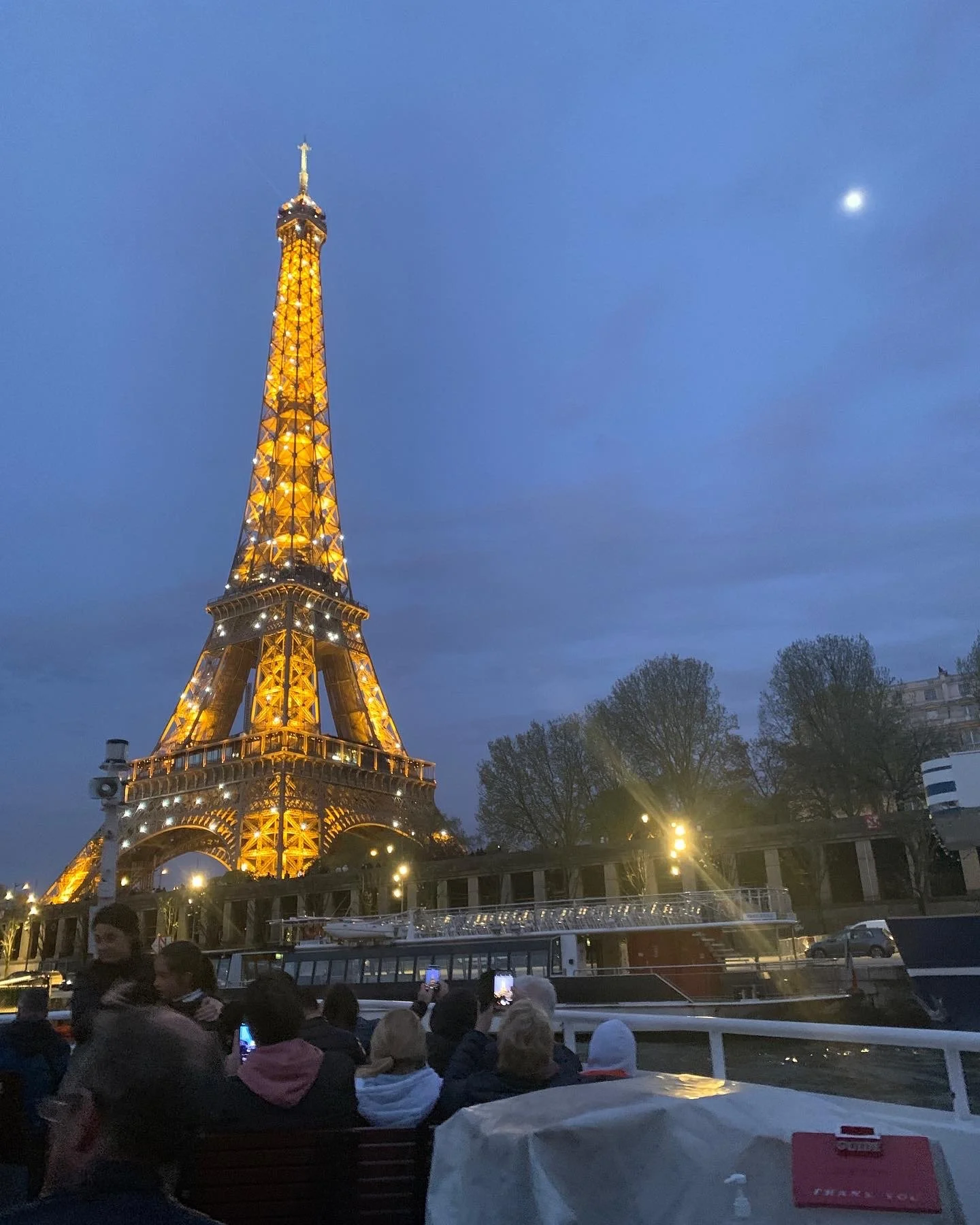 The Eiffel Tower at night as seen from a boat in the Seine River.