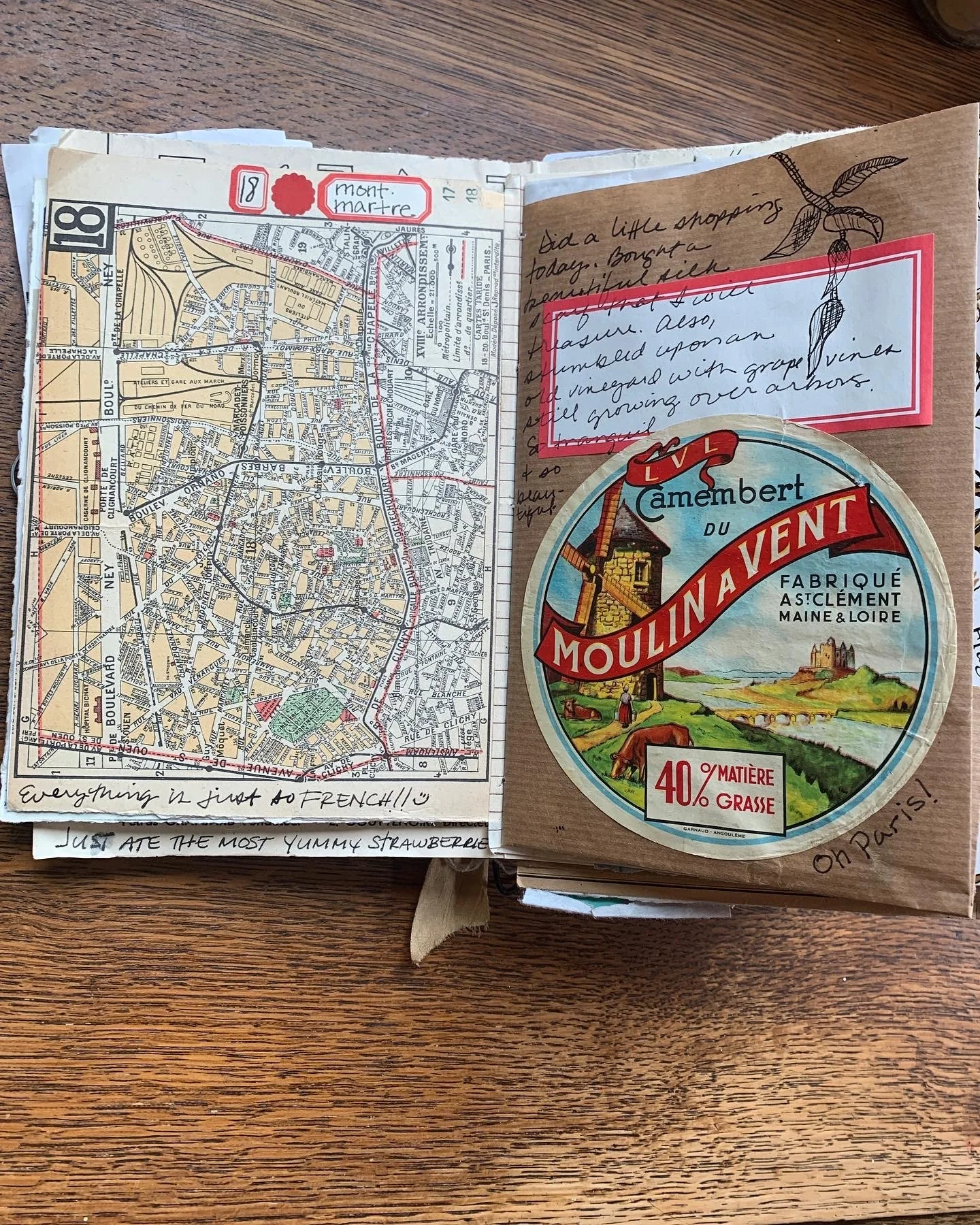 Vintage travel journal collage page with French ephemera, layered papers, handwriting, and travel memories.