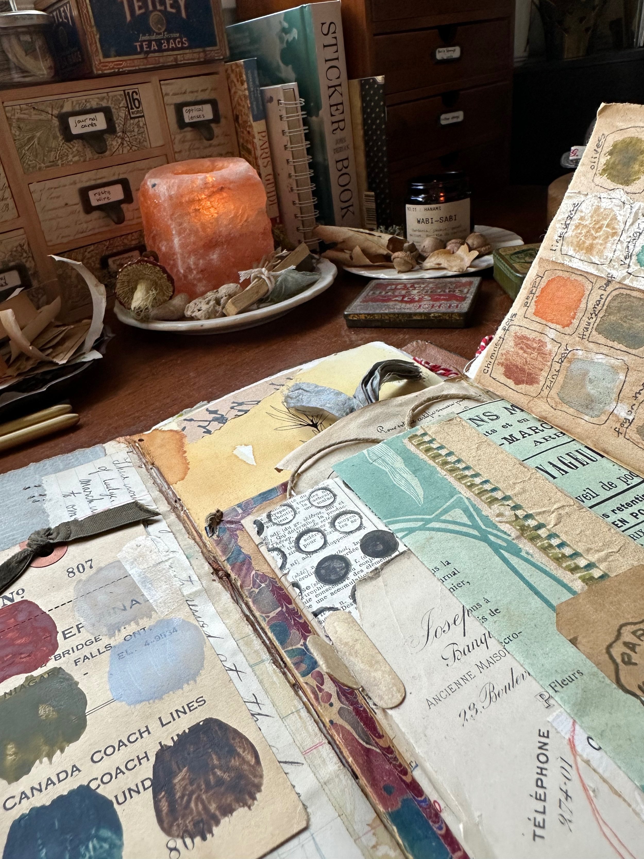 Artist Tammy Gilley’s creative studio filled with vintage ephemera, journals, and art supplies.
