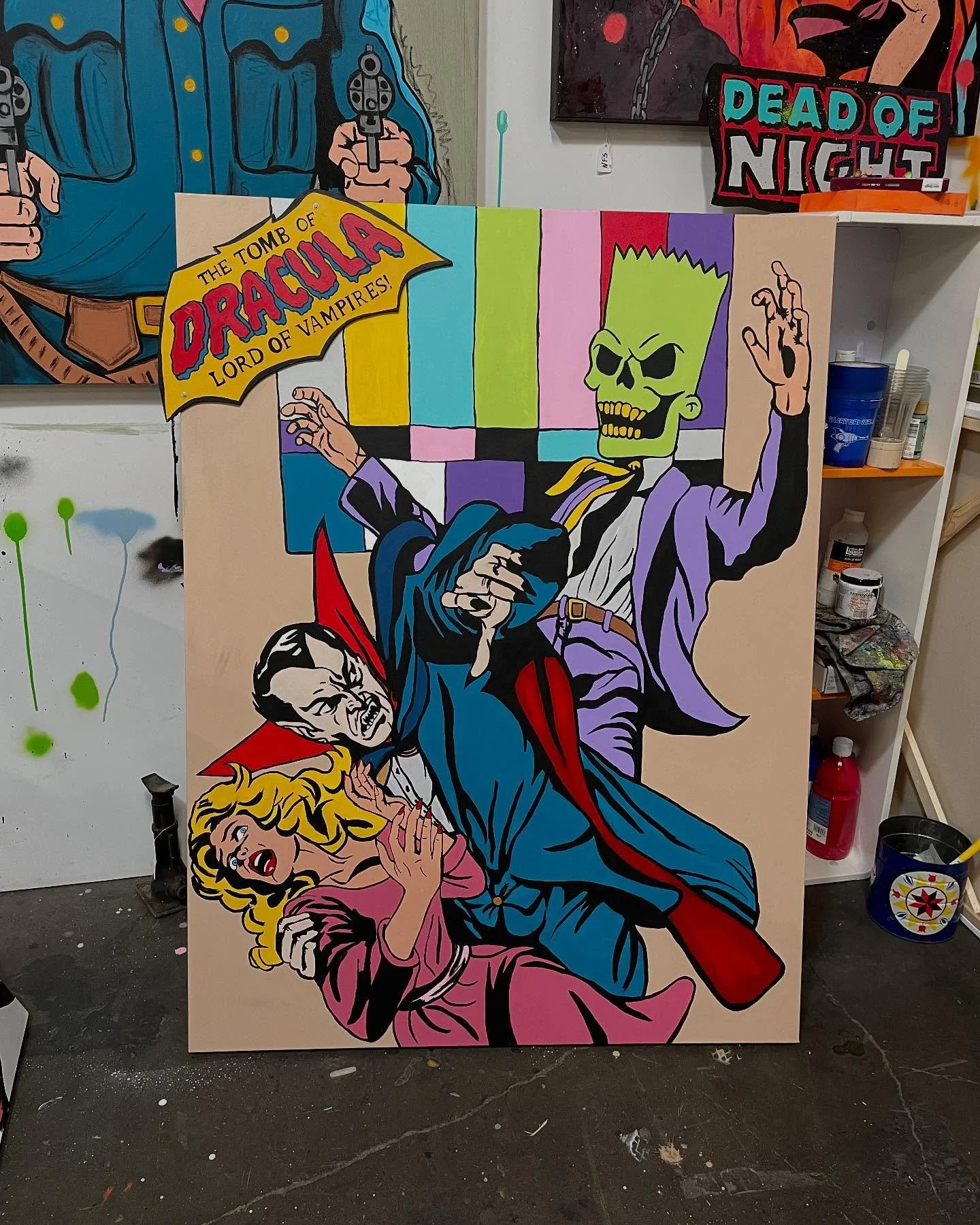 Almost done 🔥 Definitely staying in my PC. 
&ldquo;Skeletor&rdquo; 38x48&rdquo; on canvas, acrylic, ink, wood. By Renea Hisey