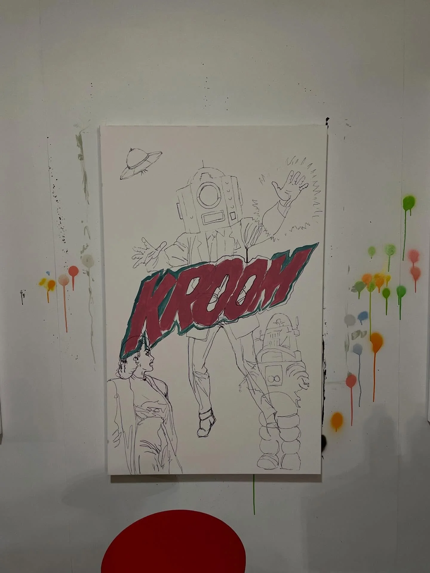Some progress photos on this piece. 
 &ldquo;Kroom&rdquo; 30x48&rdquo; acrylic, ink, aerosol on canvas by Renea Hisey. 

A reminisce of my childhood love for sci-fi and B movies.
