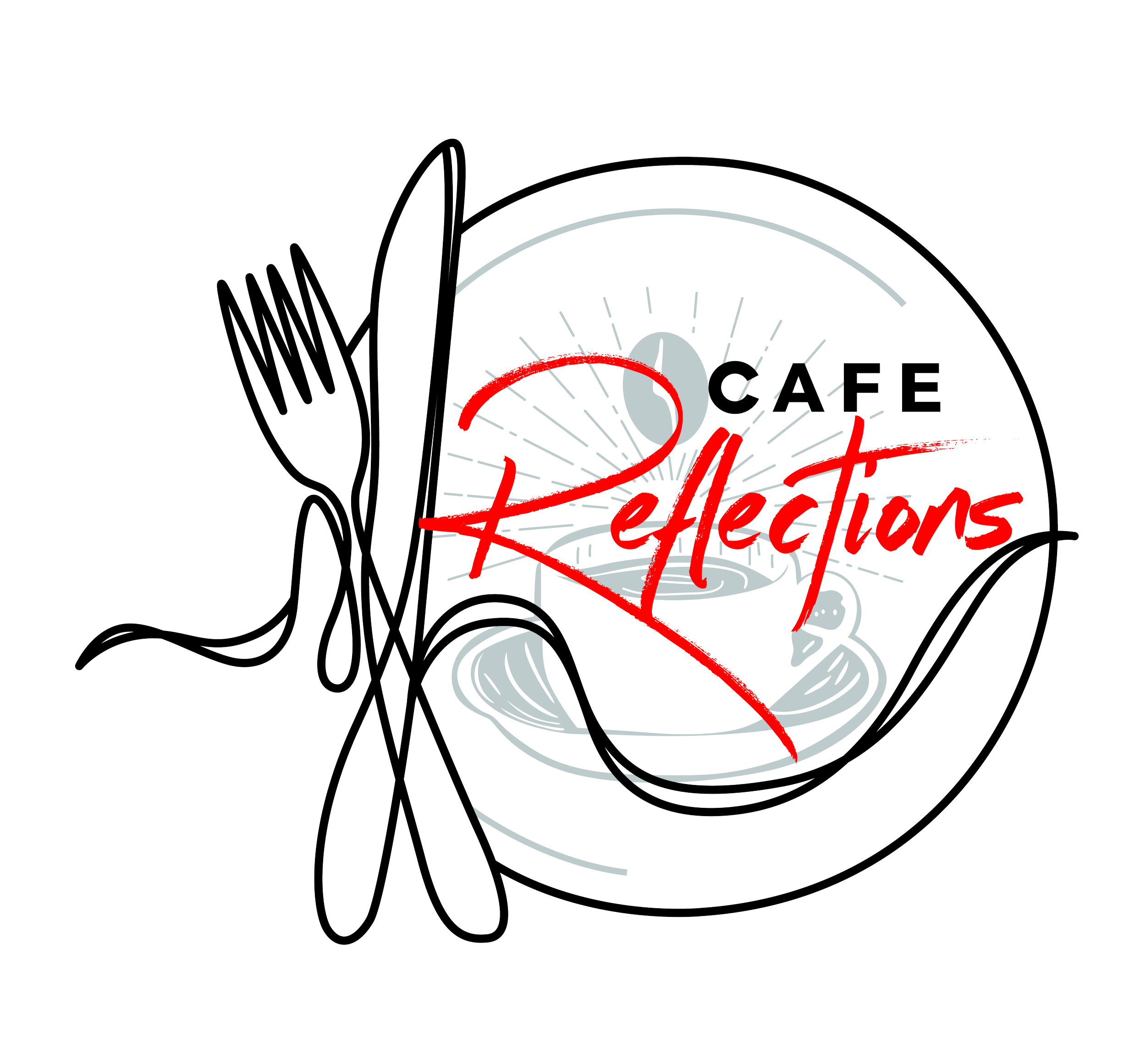 Logo for Cafe Reflections featuring a coffee cup with steam, fork and knife, and sun rays.