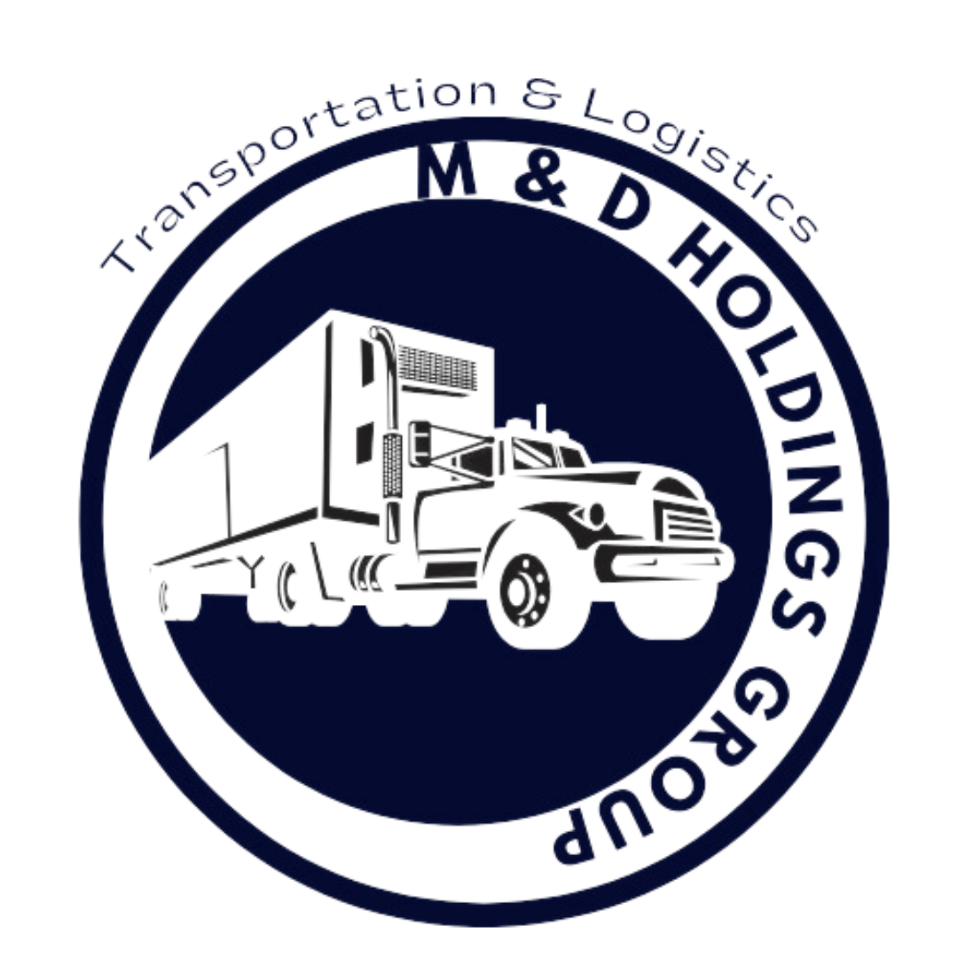 Logo of M & D Holdings Group featuring a truck inside a circular emblem with the text "Transportation & Logistics" and "M & D Holdings Group."